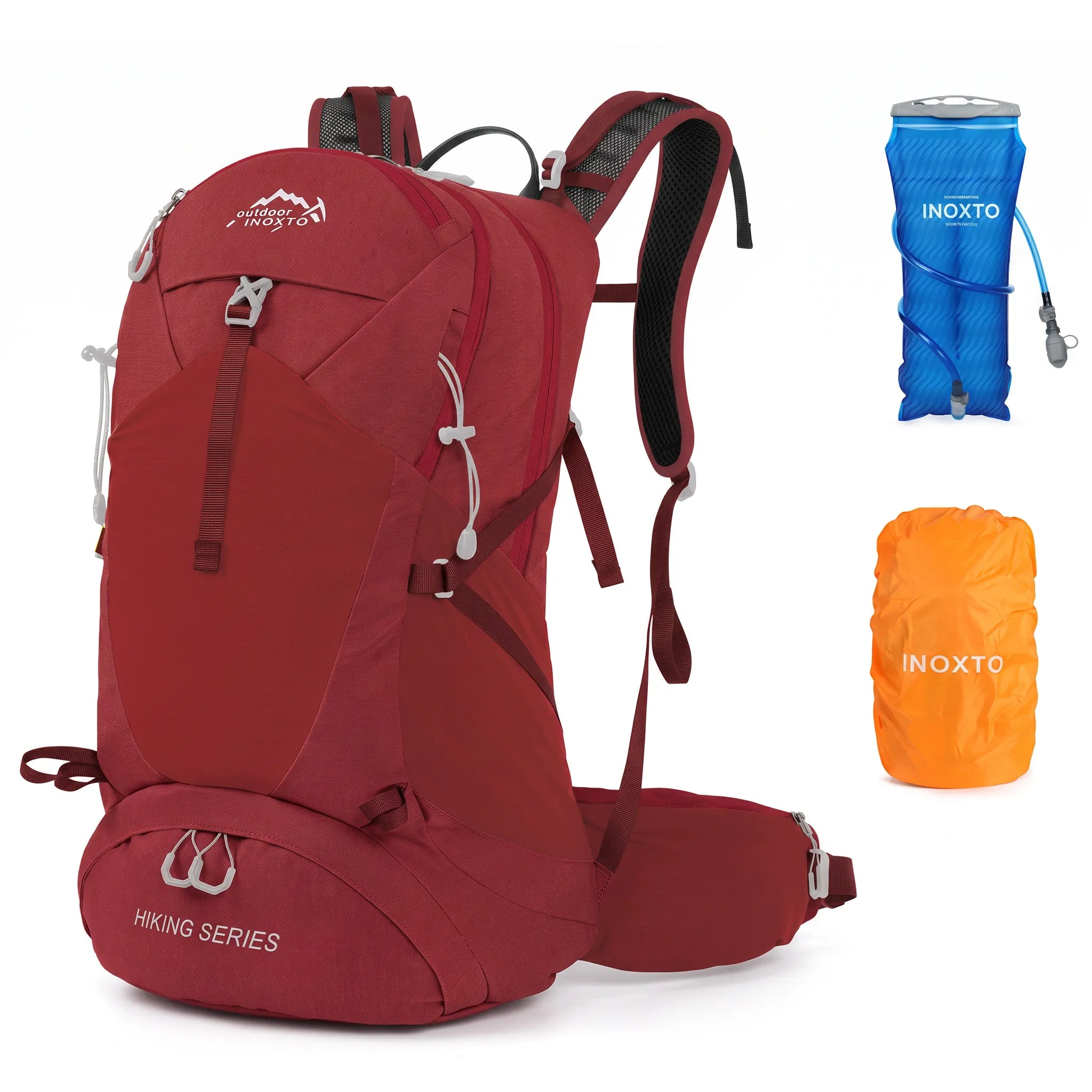 Red Outdoor Inoxto 35L hiking backpack with 3L hydration bladder and orange rain cover.
