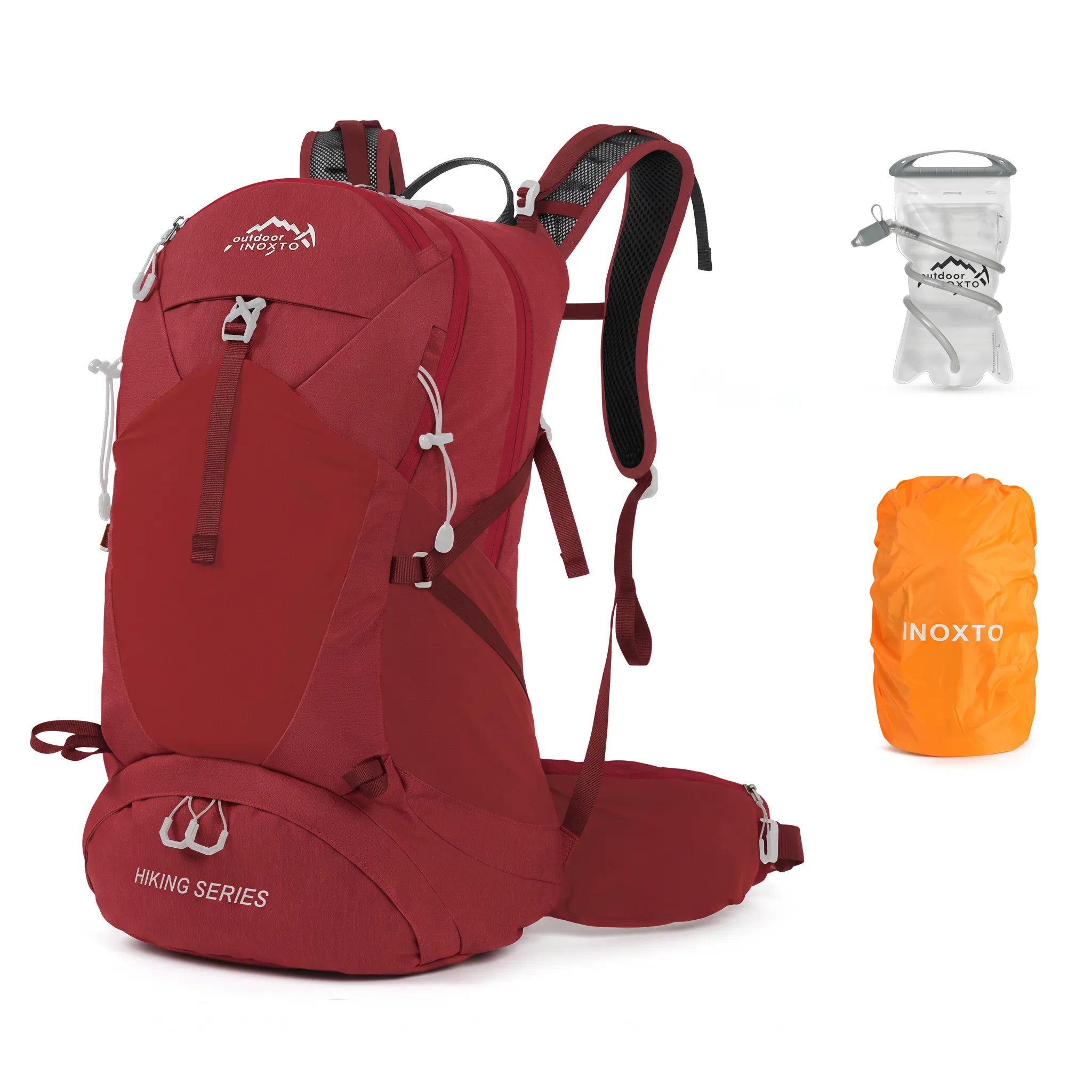 Red Outdoor Inoxto 35L hiking backpack with 1.5L or 2.0L hydration bladder and orange waterproof rain cover.