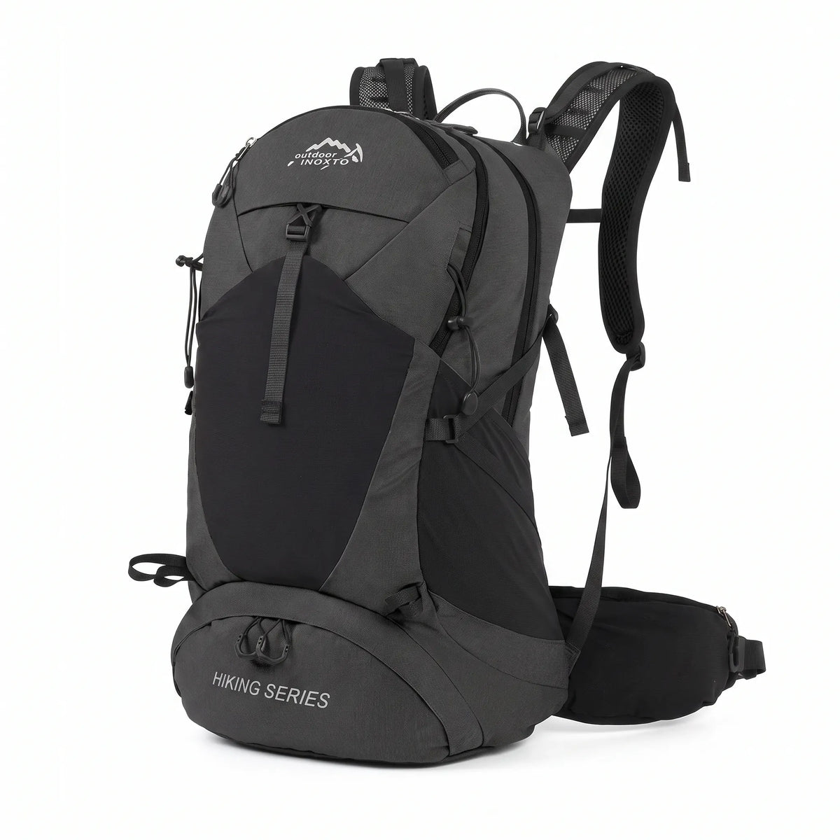 Black Outdoor Inoxto 35L waterproof hiking backpack with padded shoulder straps, front storage pocket, and supportive hip belt.