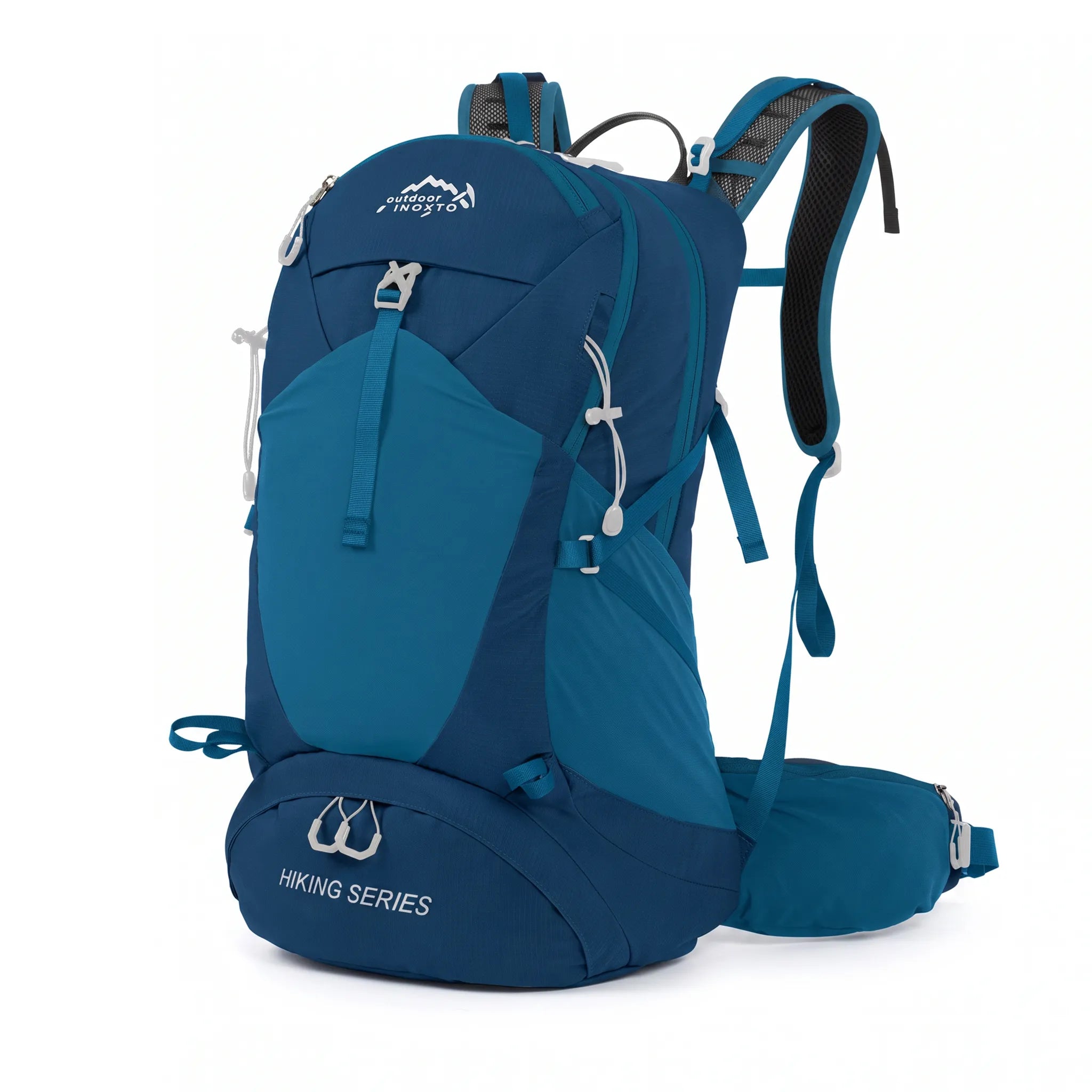 Dark blue Outdoor Inoxto 35L waterproof hiking backpack with front storage, padded shoulder straps, and supportive hip belt.