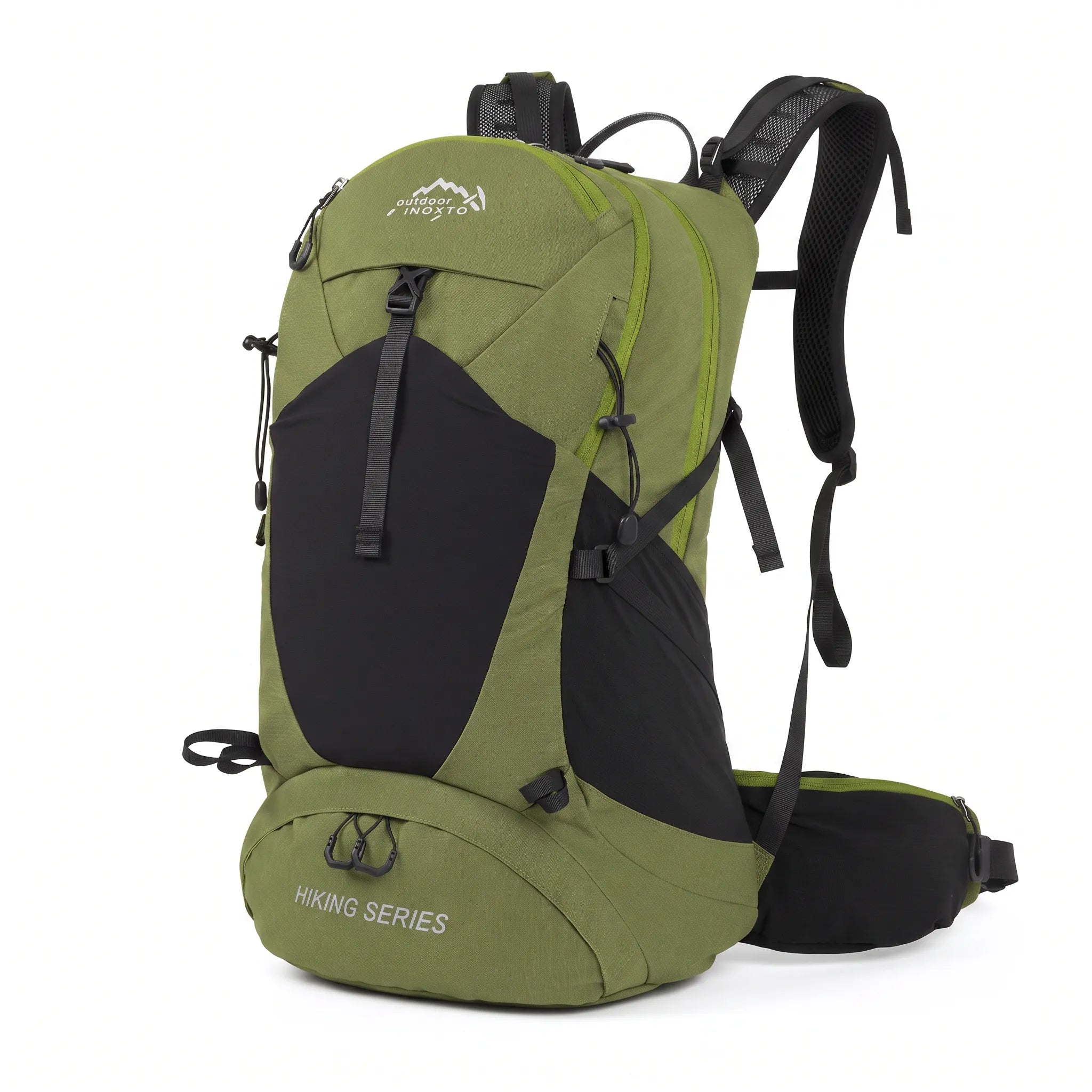 Dark green Outdoor Inoxto 35L waterproof hiking backpack with black front storage, padded shoulder straps, and supportive hip belt.