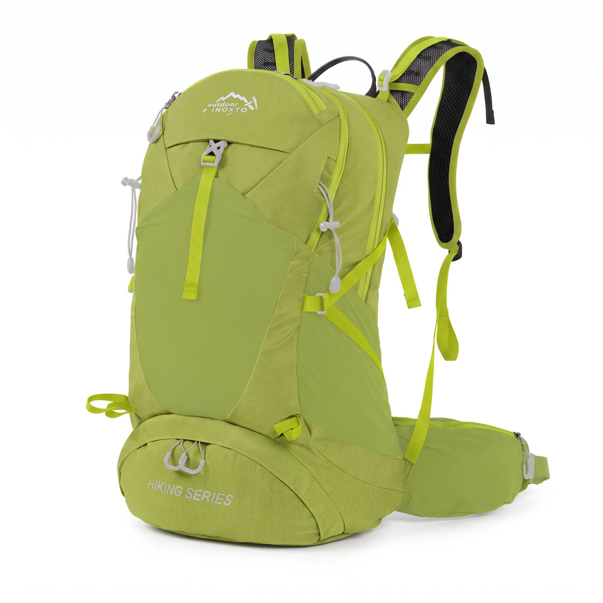 Green Outdoor Inoxto 35L waterproof hiking backpack with front storage pocket, padded shoulder straps, and supportive hip belt.