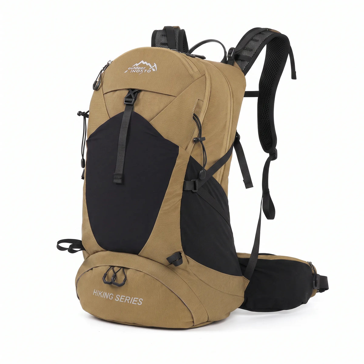 Khaki Outdoor Inoxto 35L waterproof hiking backpack with black front storage, padded shoulder straps, and supportive hip belt.