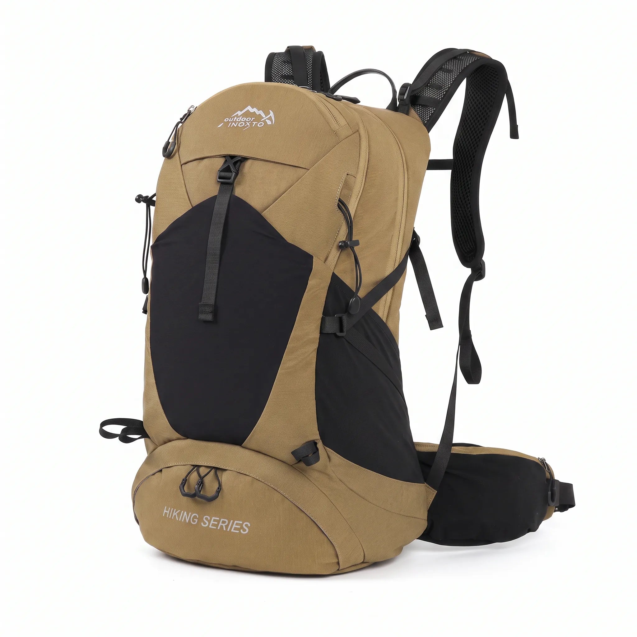 Khaki Outdoor Inoxto 35L waterproof hiking backpack with black front storage, padded shoulder straps, and supportive hip belt.