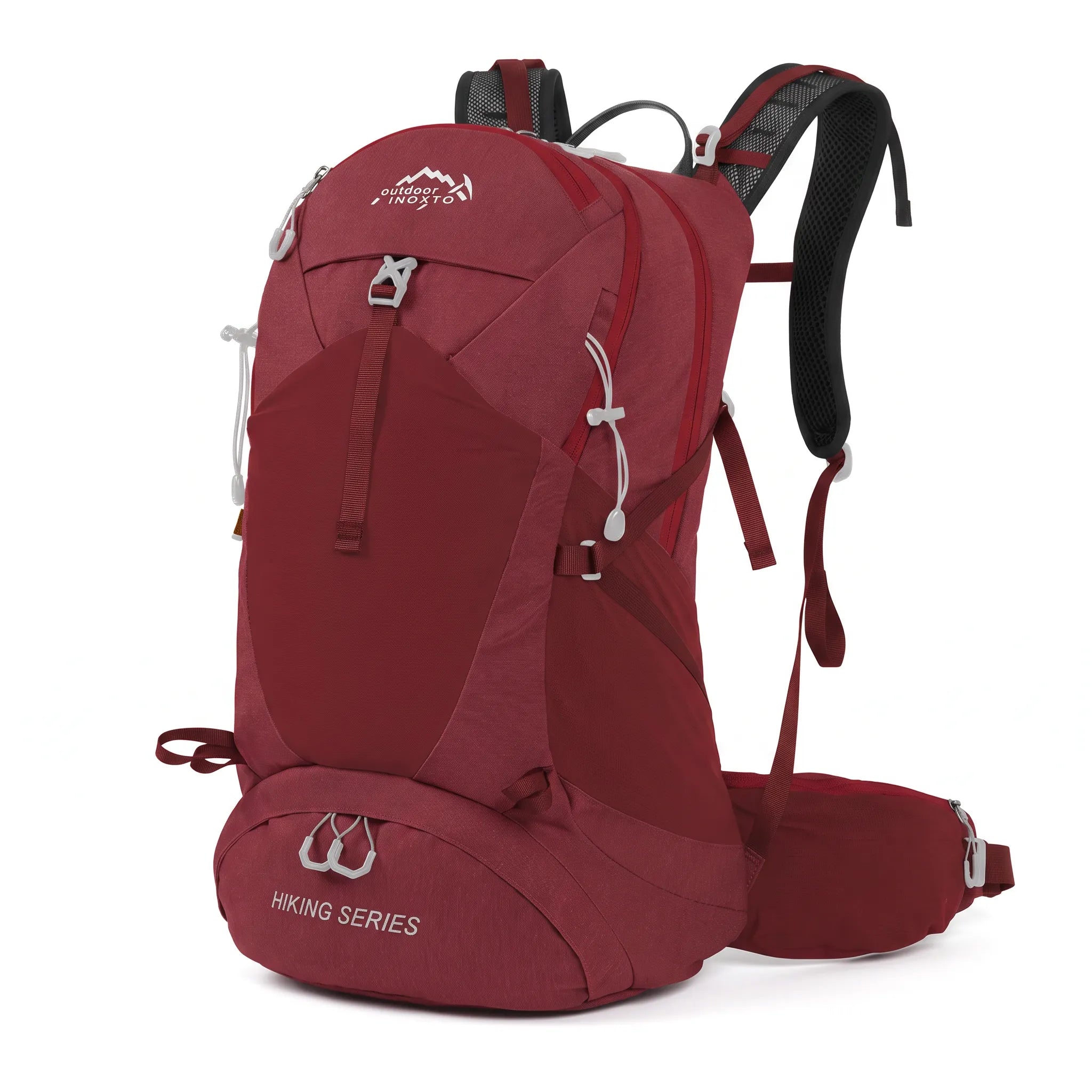 Red Outdoor Inoxto 35L waterproof hiking backpack with front storage pocket, padded shoulder straps, and supportive hip belt.