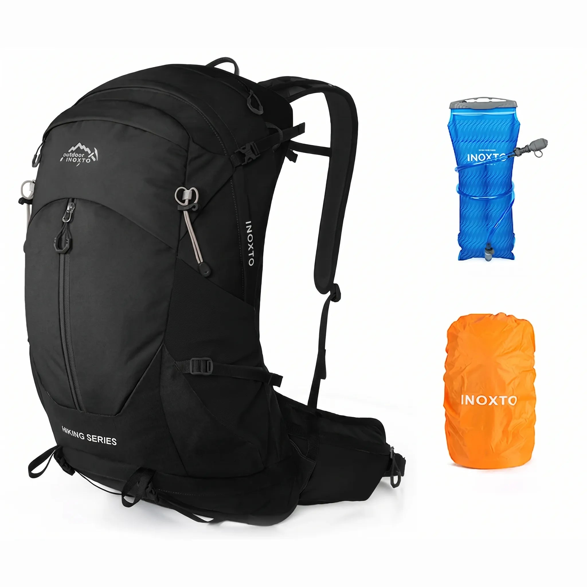 Outdoor Inoxto Rock Trail 26L black hiking backpack with blue hydration bladder and orange rain cover.