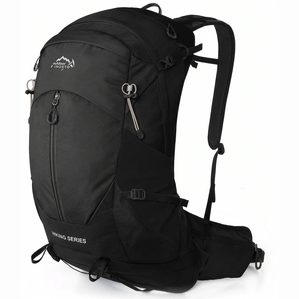 Side view of Outdoor Inoxto Rock Trail 26L black hiking backpack with front zipper, compression straps, padded shoulder straps, and hip belt.