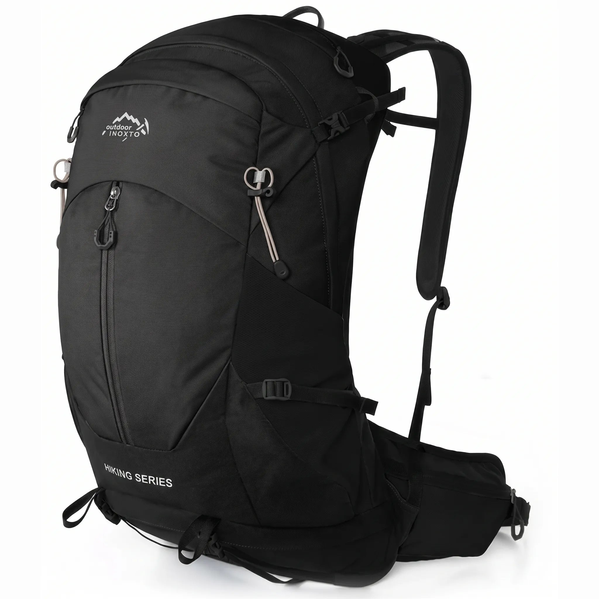 Side view of Outdoor Inoxto Rock Trail 26L black hiking backpack with front zipper, compression straps, padded shoulder straps, and hip belt.