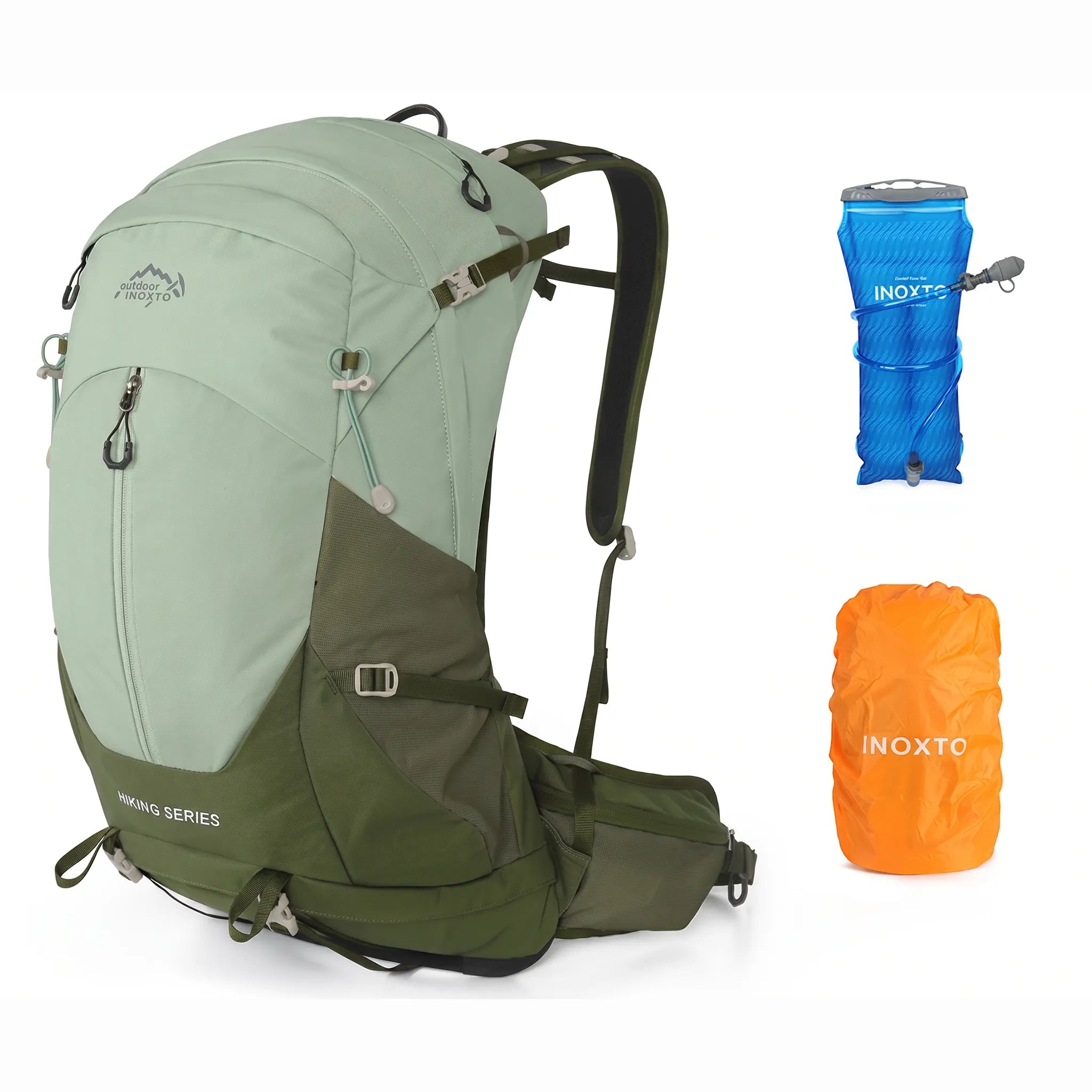 Outdoor Inoxto Rock Trail 26L green hiking backpack shown with blue hydration bladder and orange rain cover.