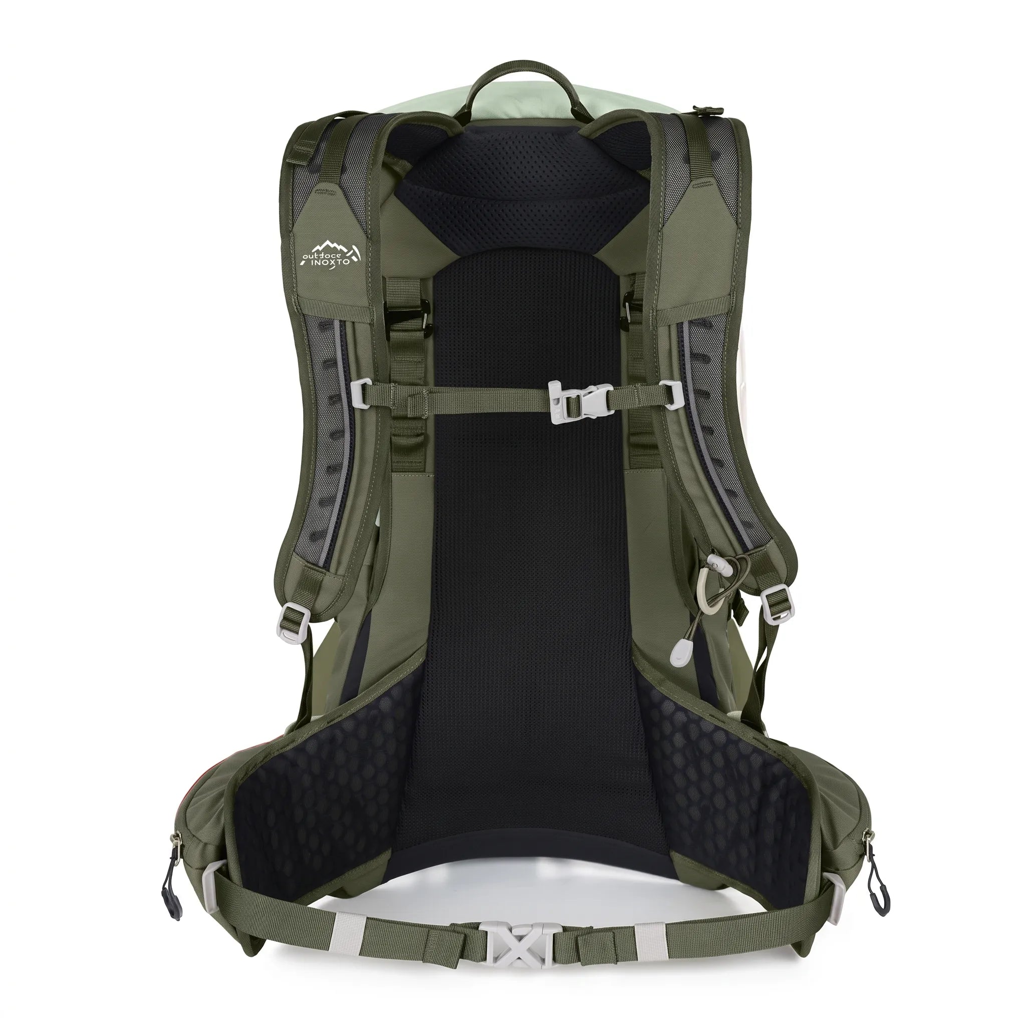 Back view of Outdoor Inoxto Rock Trail 26L green hiking backpack showing padded shoulder straps, breathable mesh back panel, chest strap, and hip belt.