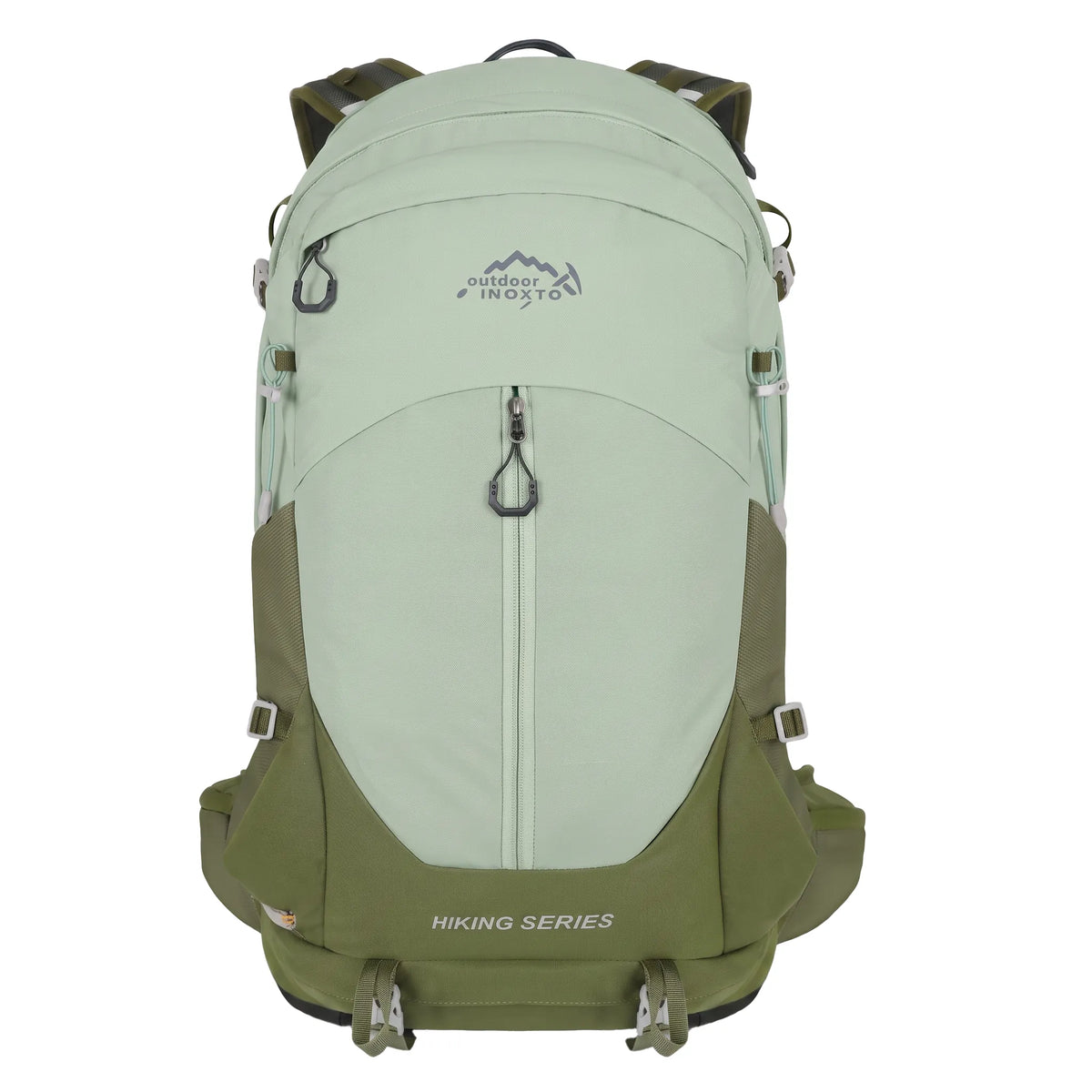 Front view of the Outdoor Inoxto Rock Trail 26L green hiking backpack with zippered storage, compression straps, and hip belt.