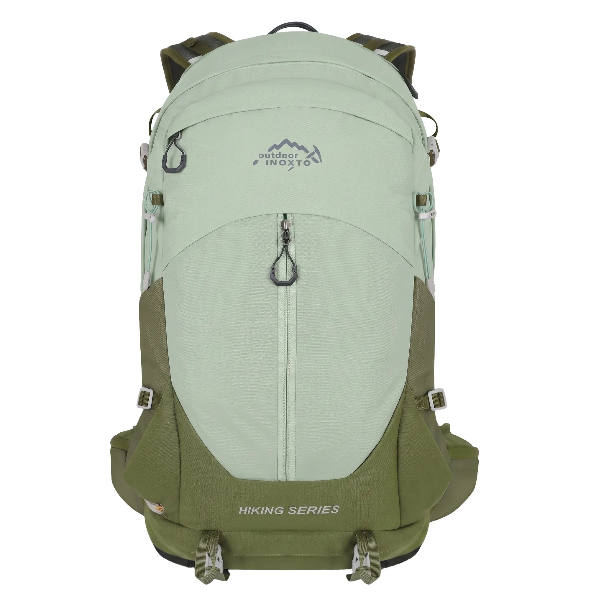 Front view of the Outdoor Inoxto Rock Trail 26L green hiking backpack with zippered storage, compression straps, and hip belt.