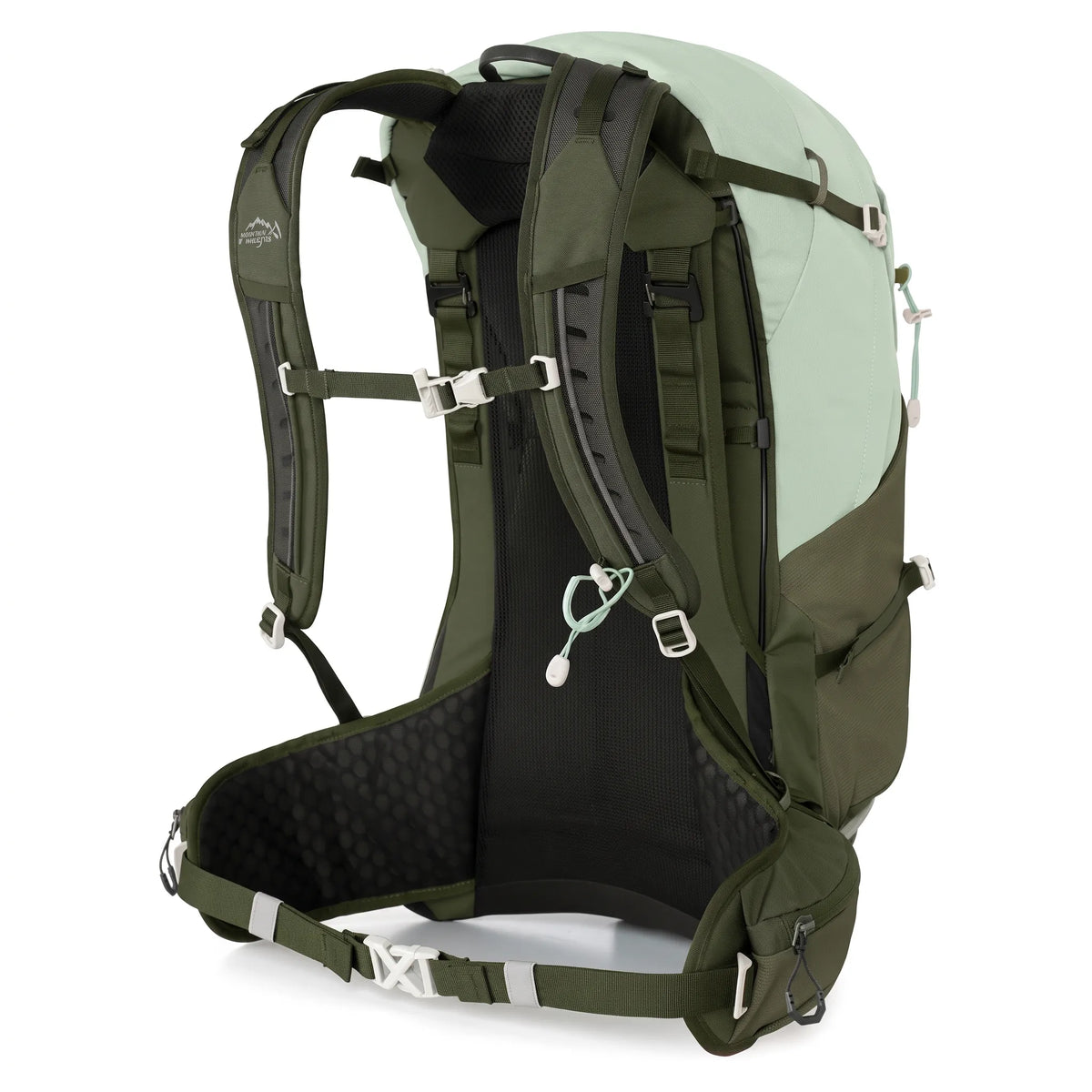 Rear side view of Outdoor Inoxto Rock Trail 26L green hiking backpack showing padded shoulder straps, ventilated back panel, sternum strap, and hip belt.