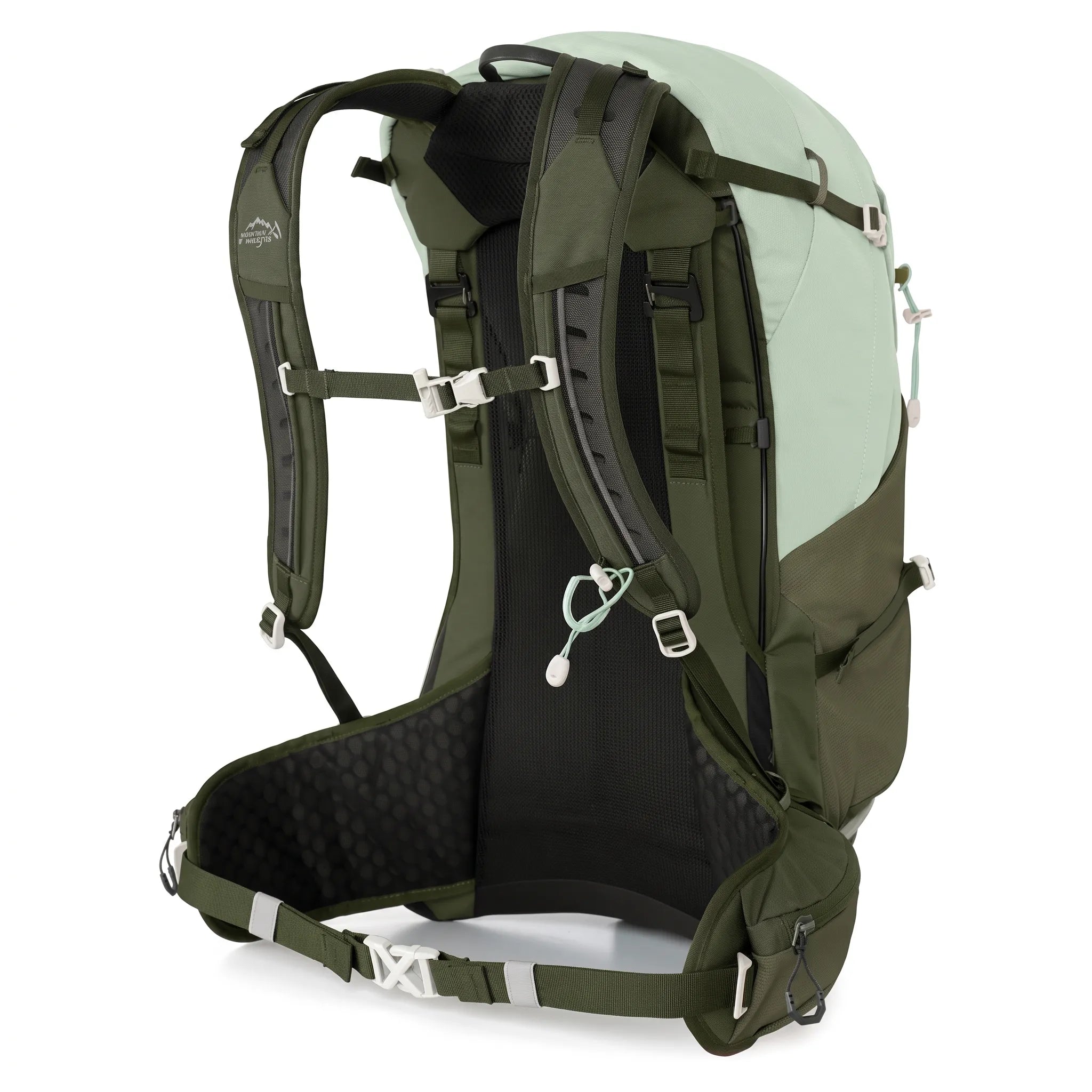 Rear side view of Outdoor Inoxto Rock Trail 26L green hiking backpack showing padded shoulder straps, ventilated back panel, sternum strap, and hip belt.