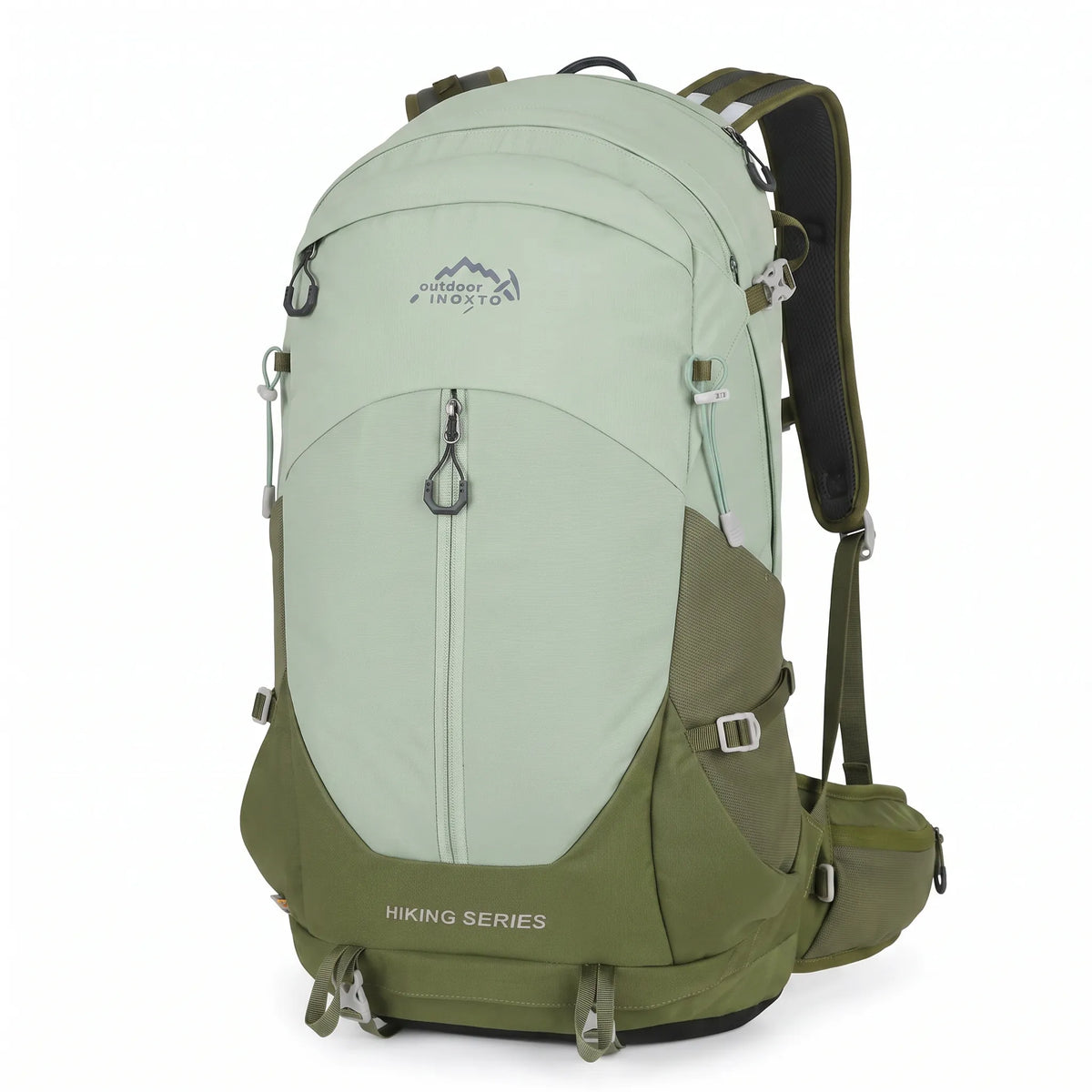 Front view of the Outdoor Inoxto Rock Trail 26L green hiking backpack with zippered compartments, side pockets, and compression straps.