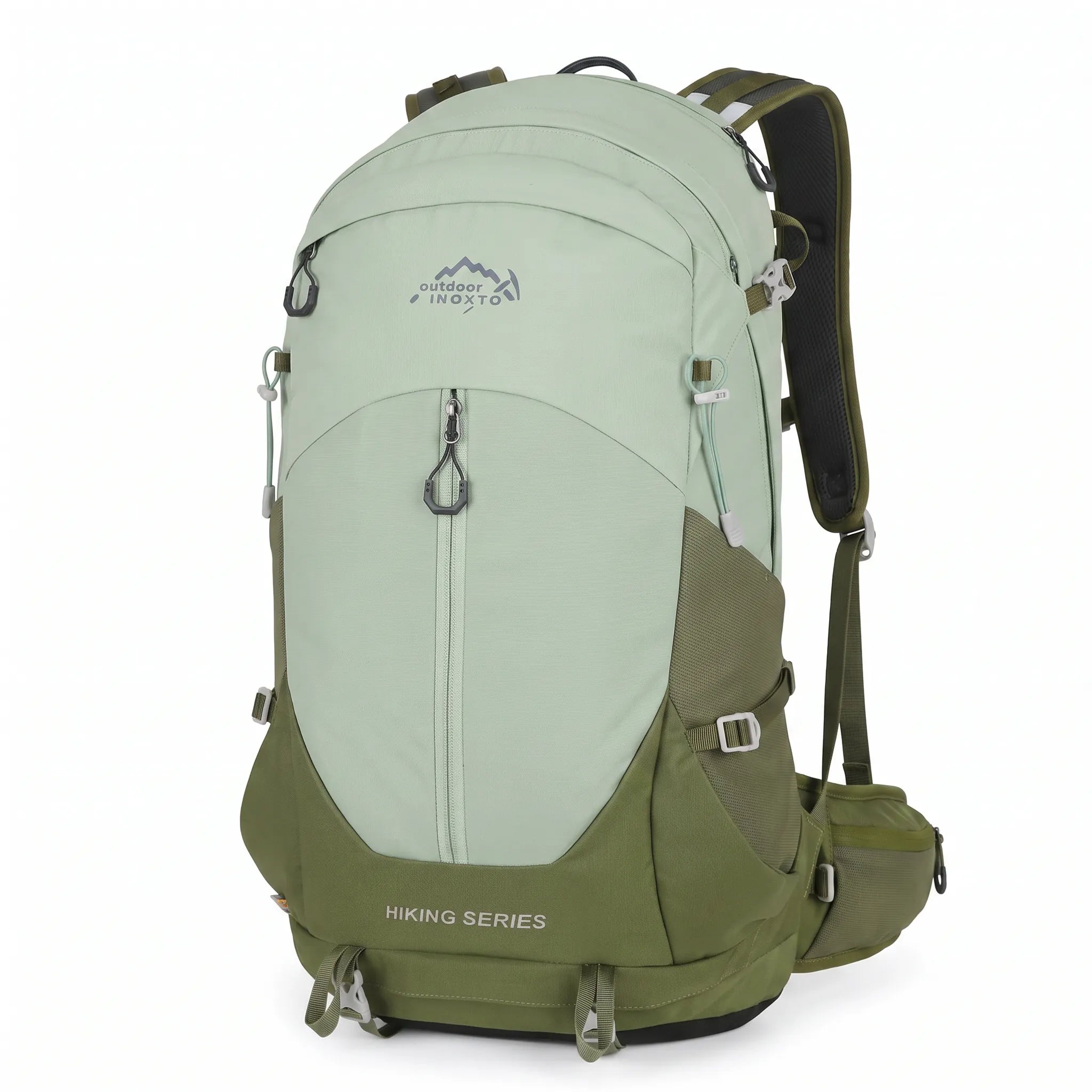 Front view of the Outdoor Inoxto Rock Trail 26L green hiking backpack with zippered compartments, side pockets, and compression straps.