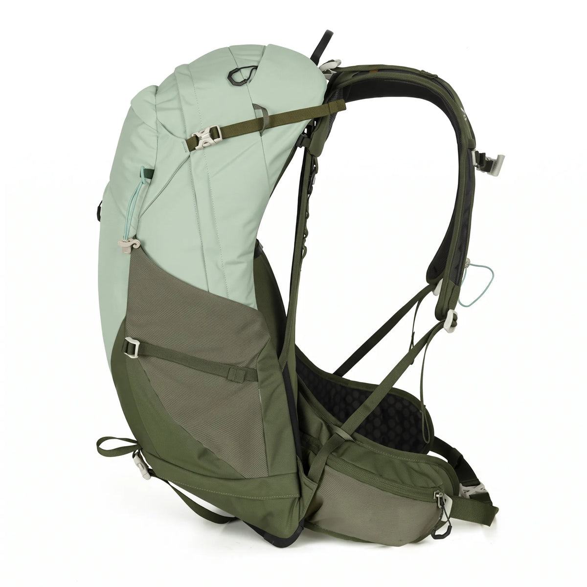 Side view of the Outdoor Inoxto Rock Trail 26L green hiking backpack showing its padded shoulder straps, ventilated back support, and hip belt.