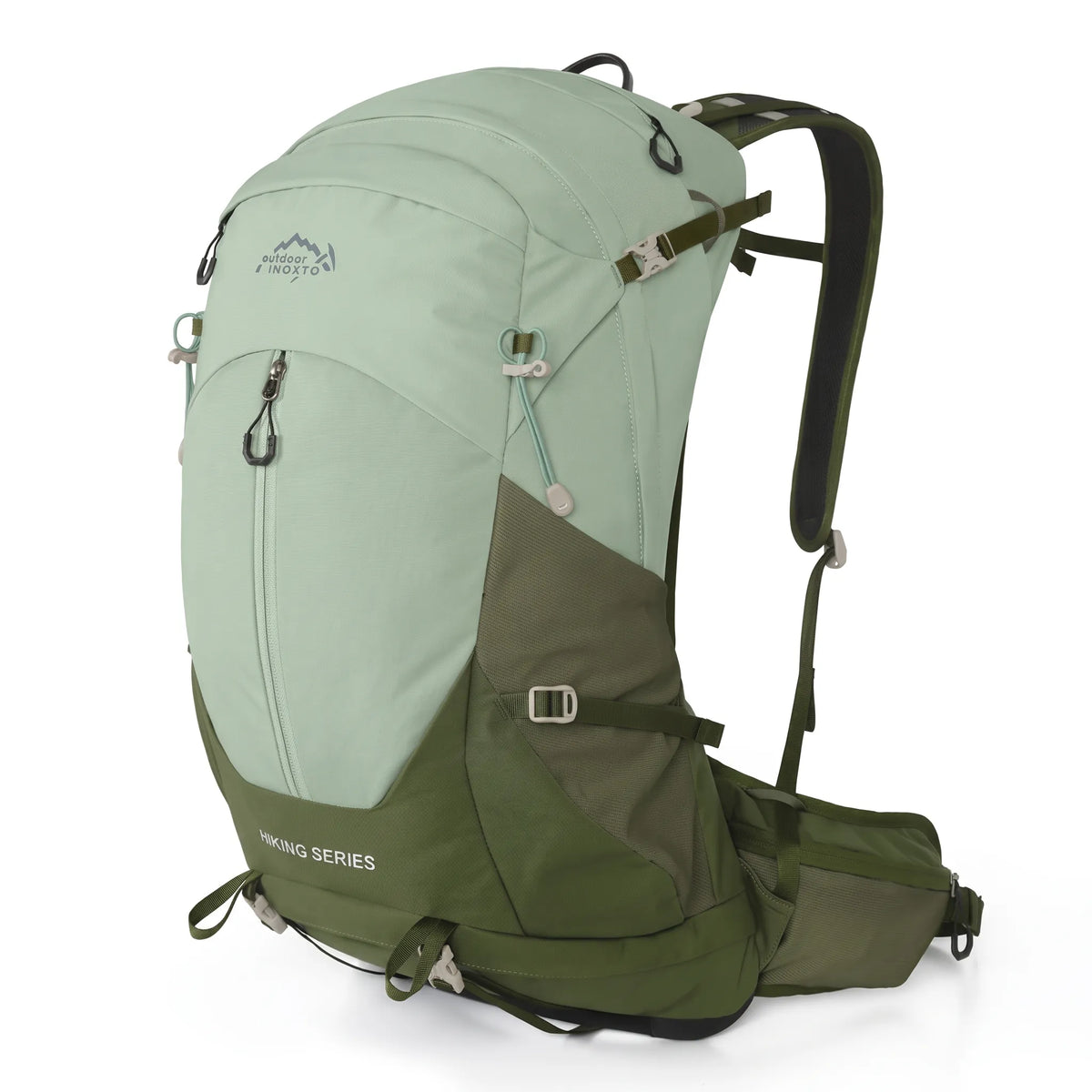 Outdoor Inoxto Rock Trail 26L hiking backpack in light green and olive with padded hip belt, side pocket, and compression straps.