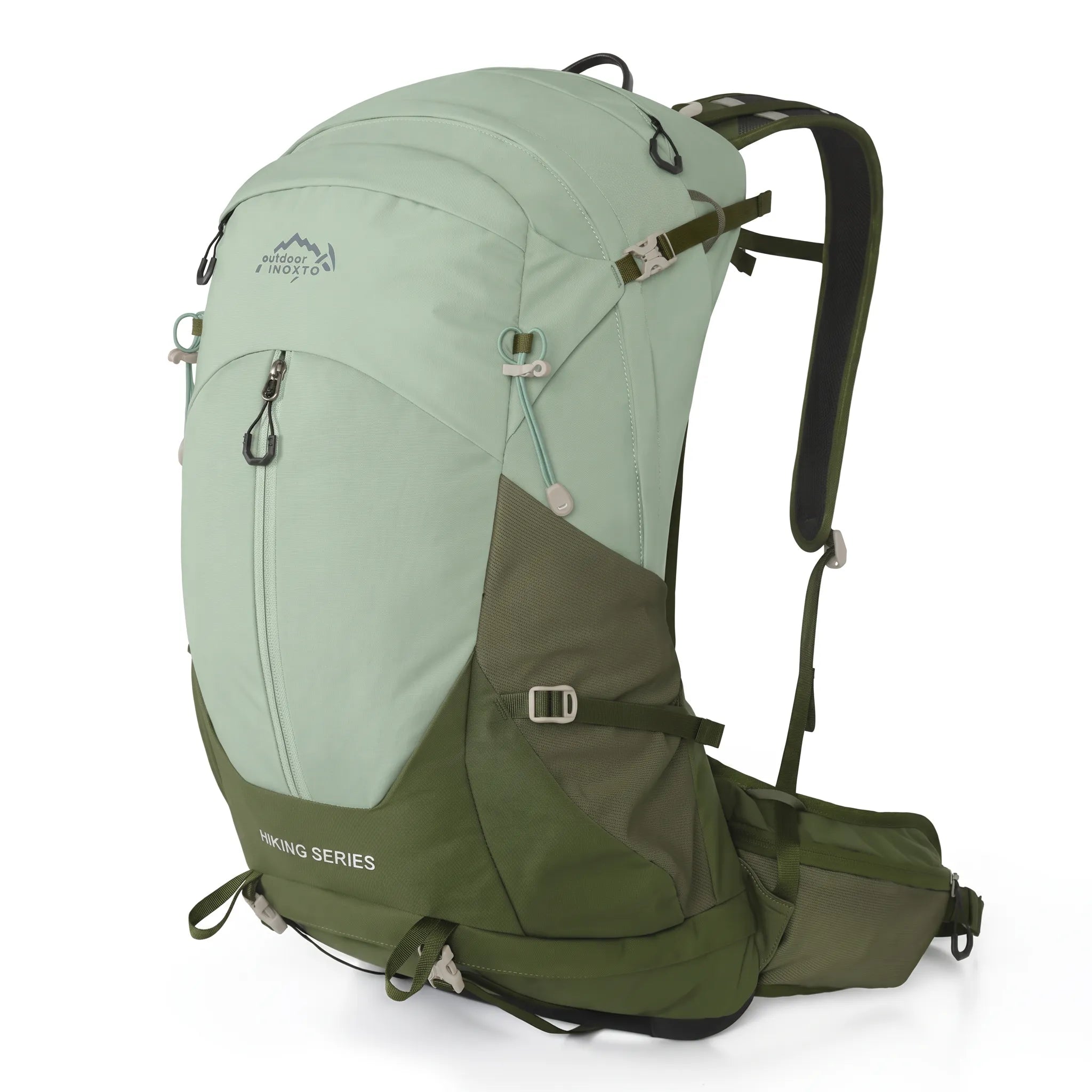 Outdoor Inoxto Rock Trail 26L hiking backpack in light green and olive with padded hip belt, side pocket, and compression straps.