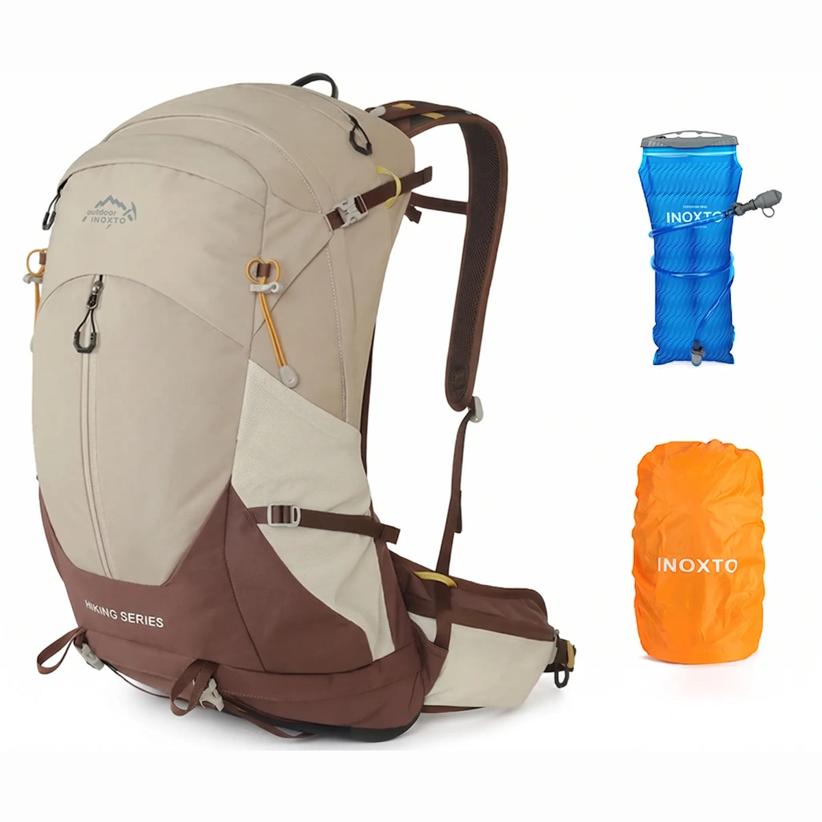 Outdoor Inoxto Rock Trail 26L khaki hiking backpack with blue hydration bladder and orange rain cover.