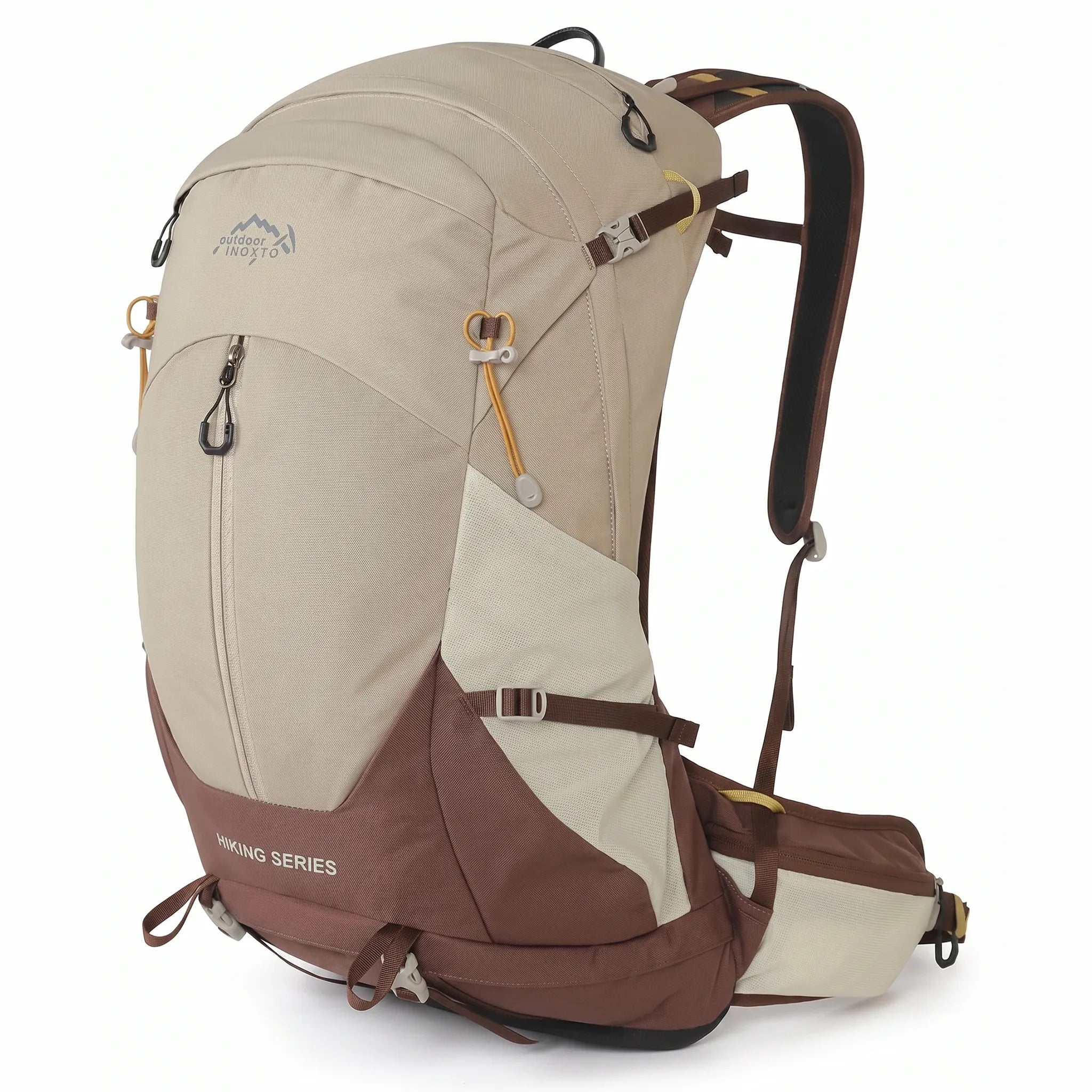 Side view of Outdoor Inoxto Rock Trail 26L khaki hiking backpack with brown accents, compression straps, front zipper, and padded hip belt.