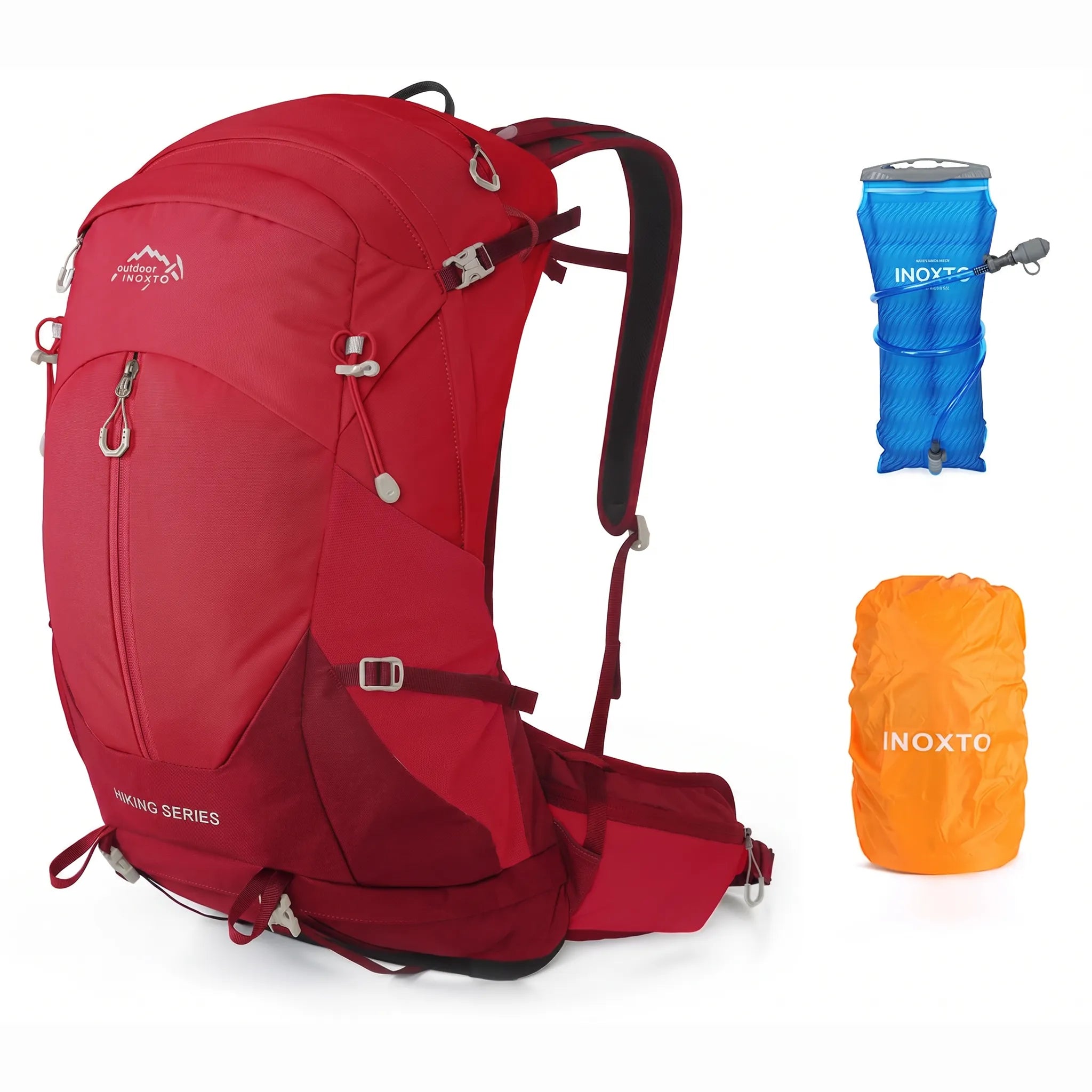 Outdoor Inoxto Rock Trail 26L red hiking backpack with blue hydration bladder and orange rain cover.