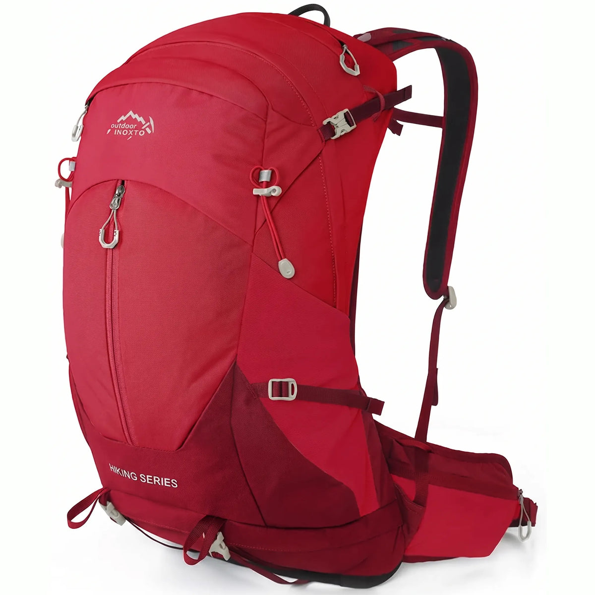 Side view of Outdoor Inoxto Rock Trail 26L red hiking backpack with front zipper, compression straps, padded shoulder straps, and hip belt.