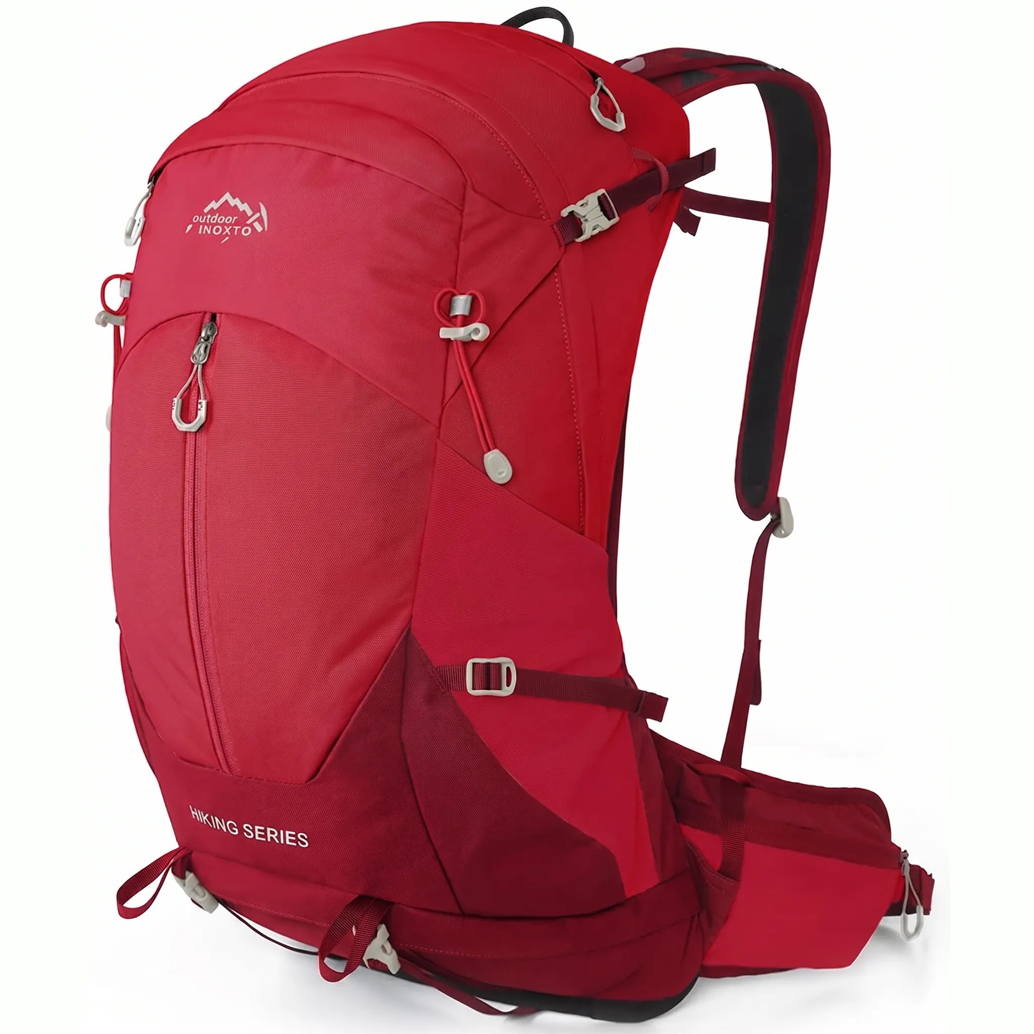 Side view of Outdoor Inoxto Rock Trail 26L red hiking backpack with front zipper, compression straps, padded shoulder straps, and hip belt.