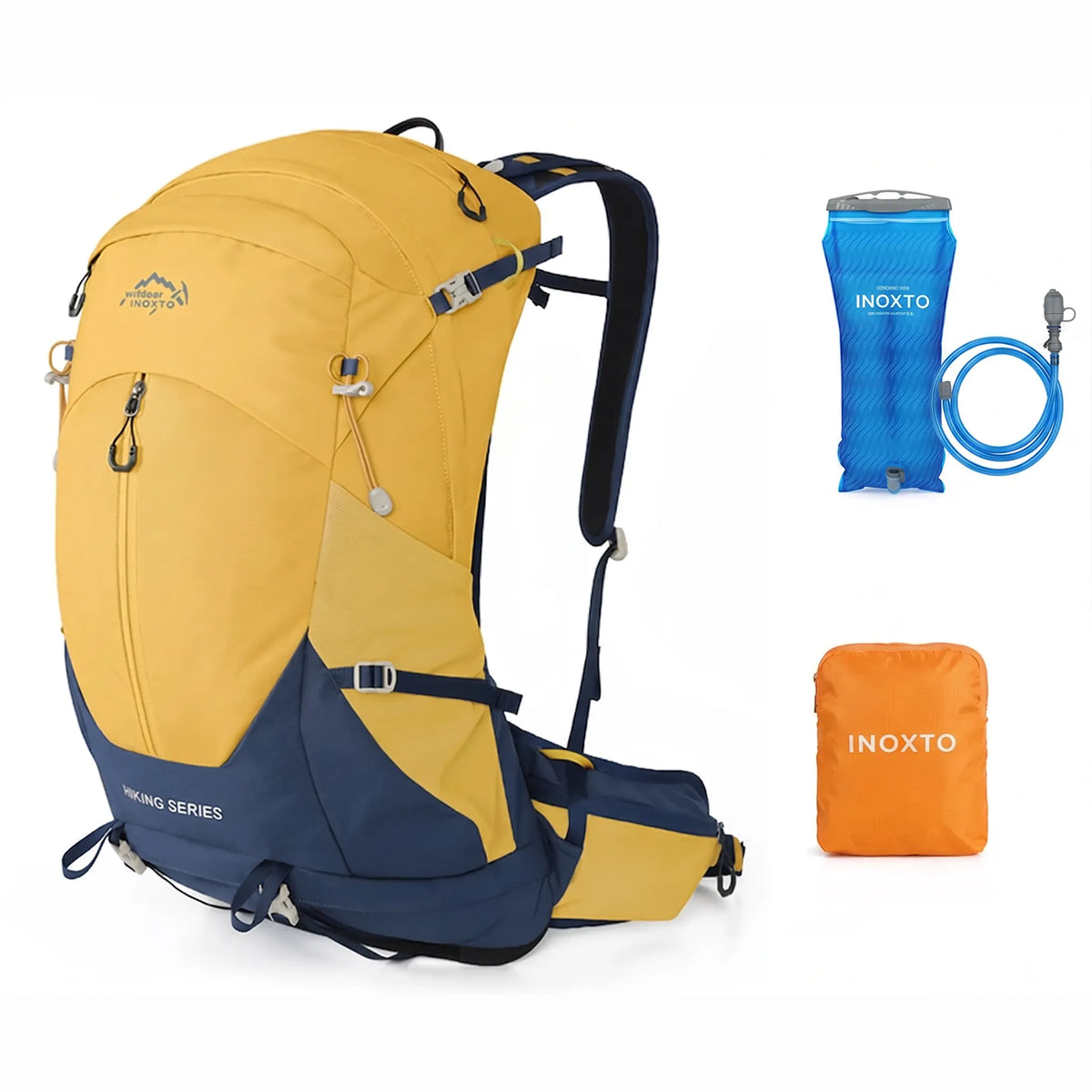 Outdoor Inoxto Rock Trail 26L yellow hiking backpack with blue hydration bladder and orange rain cover.