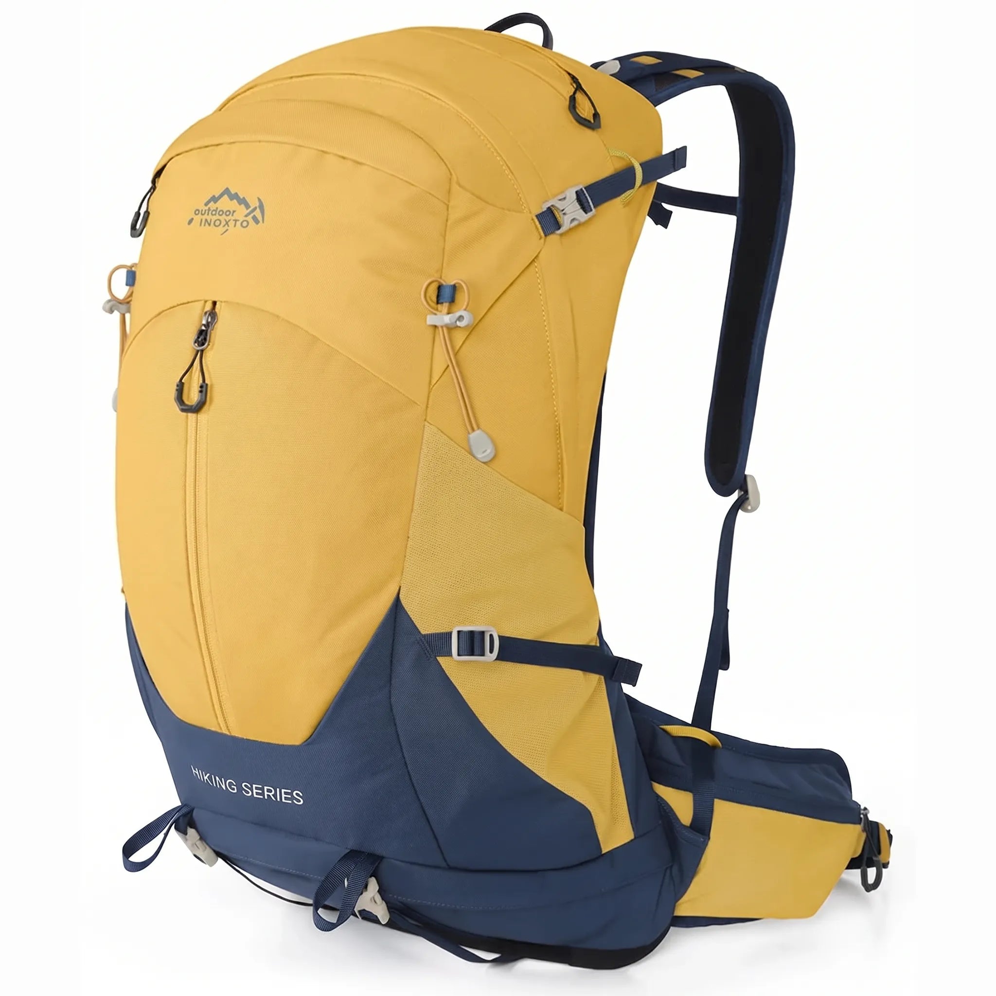 Side view of Outdoor Inoxto Rock Trail 26L yellow hiking backpack with navy accents, compression straps, front zipper, and padded hip belt.