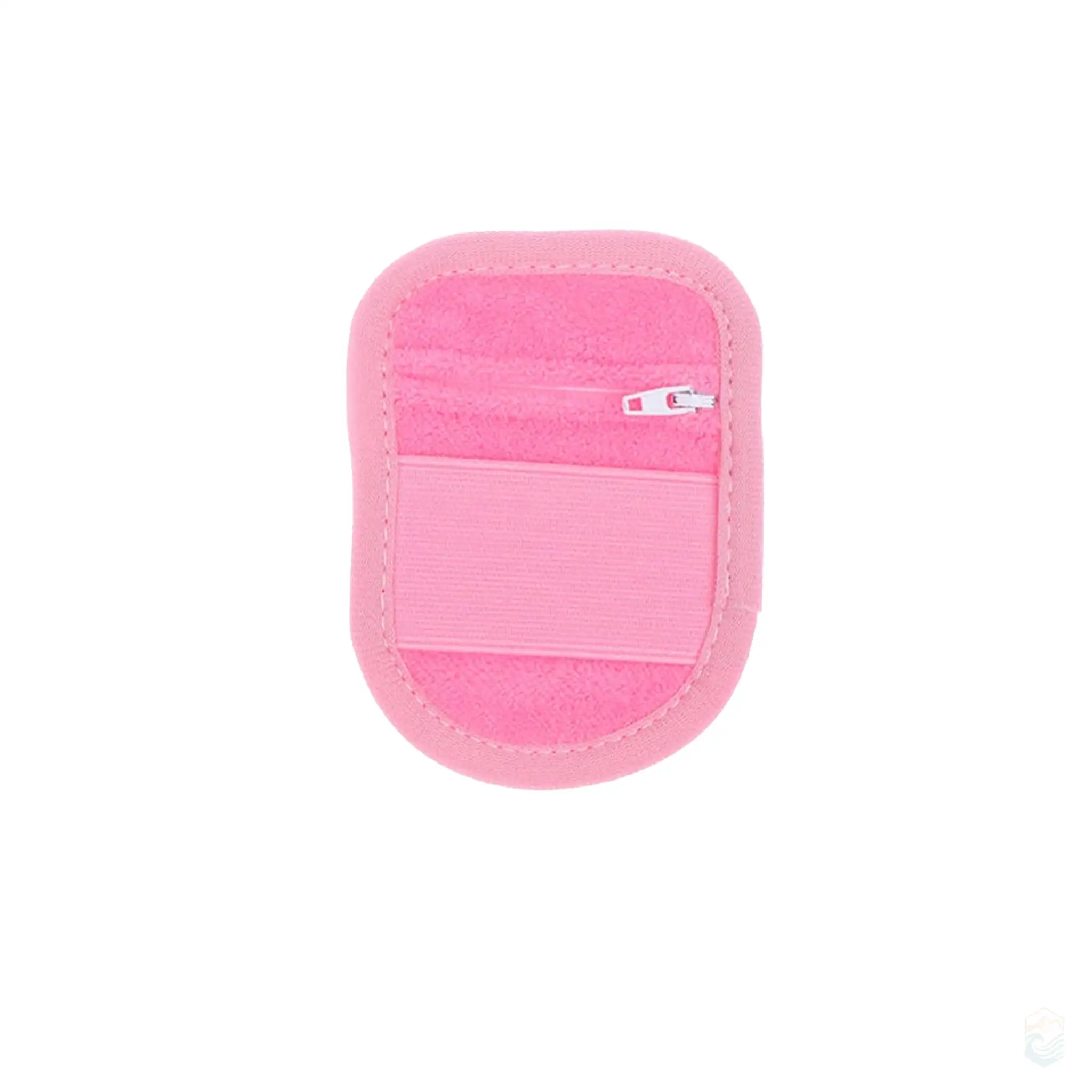 Large pink beach sand remover hand pad in B style, featuring a soft and plush surface with a wide elastic strap and a convenient zippered pocket, perfect for efficient sand removal during beach activities.