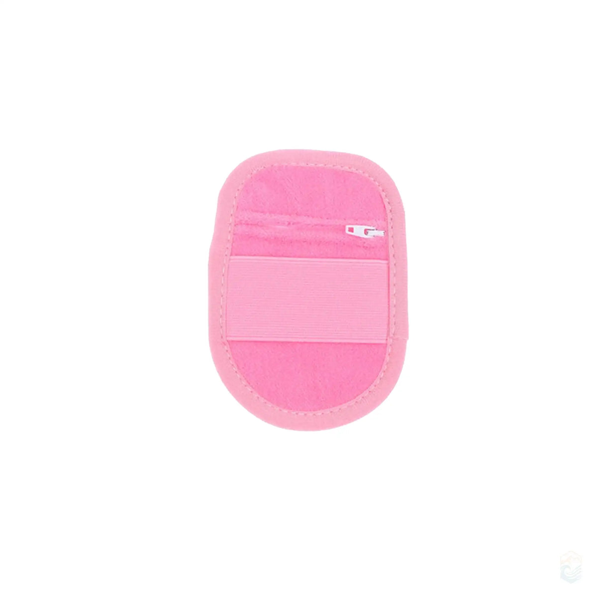 Small pink beach sand remover hand pad in B style, featuring a soft and plush surface with a matching elastic strap and a zippered pocket, ideal for gentle and effective sand removal at the beach.