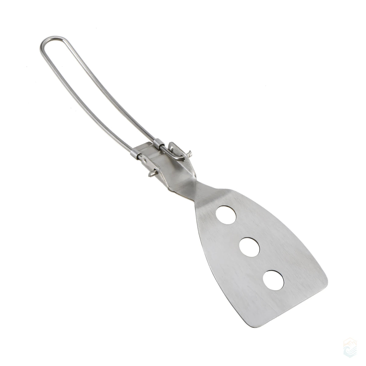 Top-down view of stainless steel folding spatula with three cut-out holes and collapsible wire handle, ideal for compact outdoor cooking and camping use