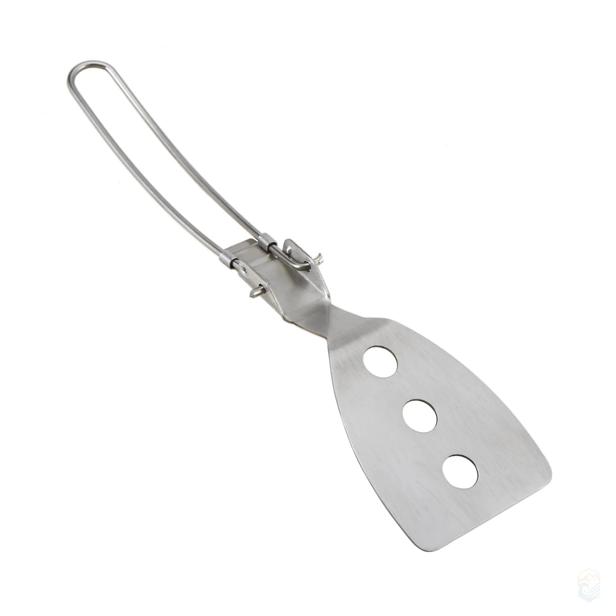 Top-down view of stainless steel folding spatula with three cut-out holes and collapsible wire handle, ideal for compact outdoor cooking and camping use