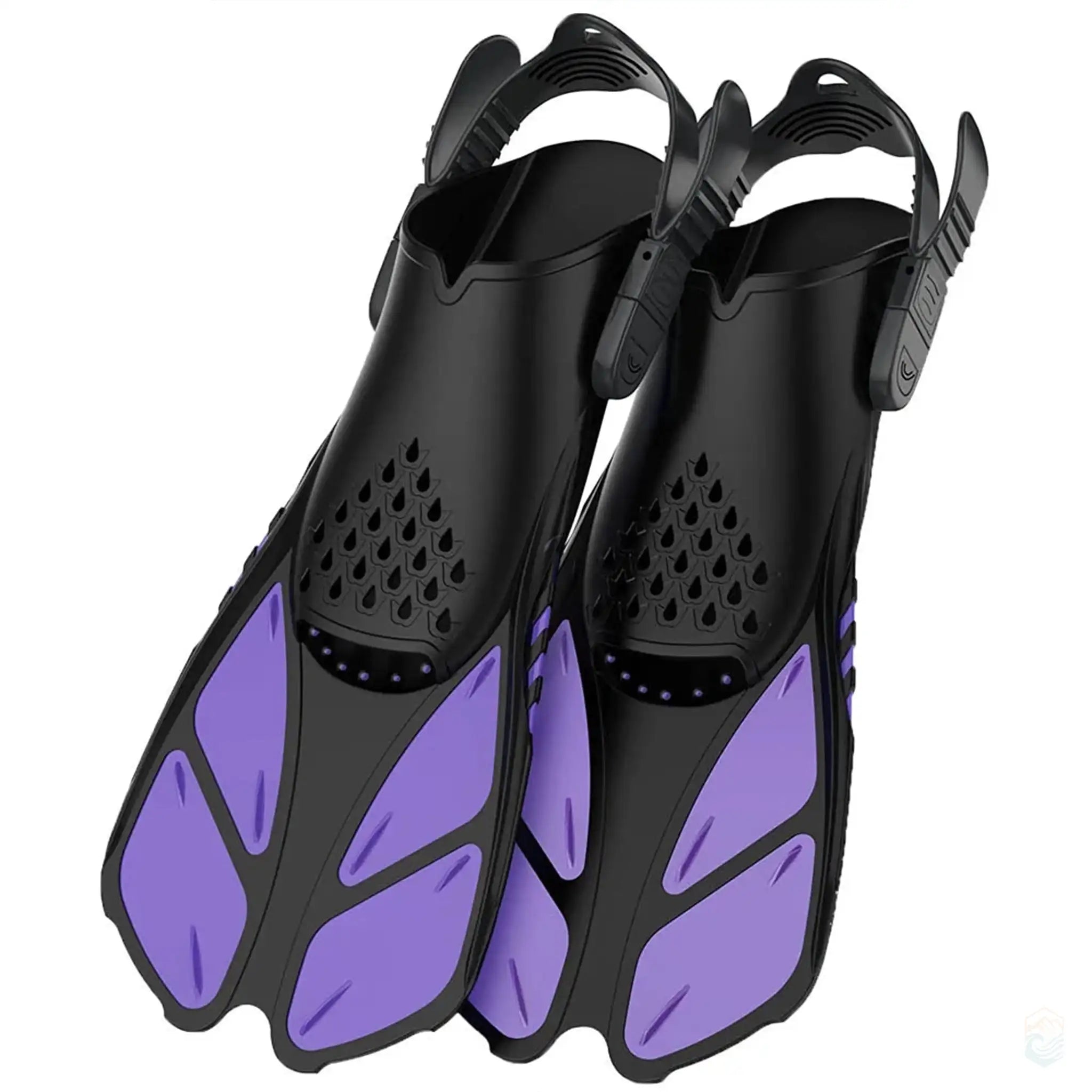 Purple adjustable snorkel fins made of silicone, ideal for swimming and diving, featuring a secure fit and streamlined blade design