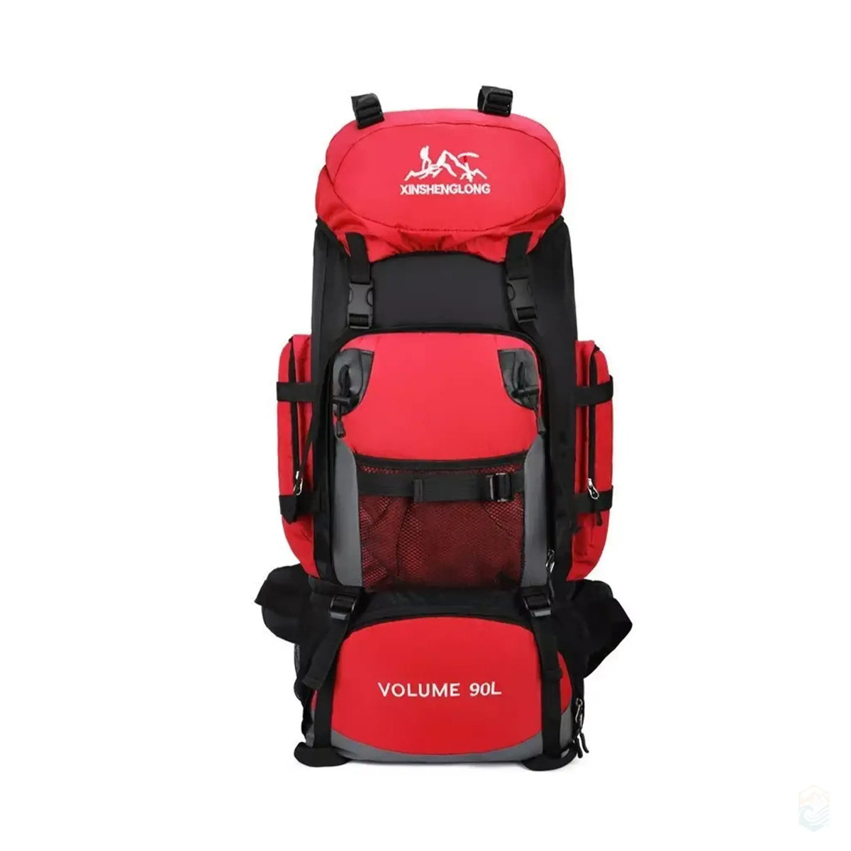 Front view of a red 90L hiking backpack designed for outdoor expeditions, featuring robust construction, ample storage options, and secure strap system ideal for camping and long trekking journeys.