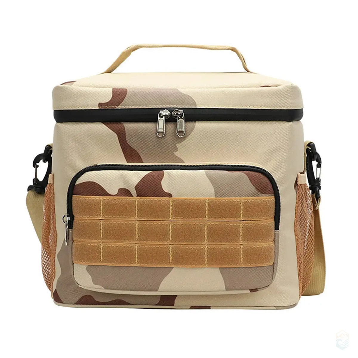 A camouflage-patterned insulated thermal lunch cooler bag with a top handle, front pocket, and side mesh pockets, designed for outdoor activities like camping, hiking, and picnics. The bag features a durable design with multiple compartments for easy storage and transportation.