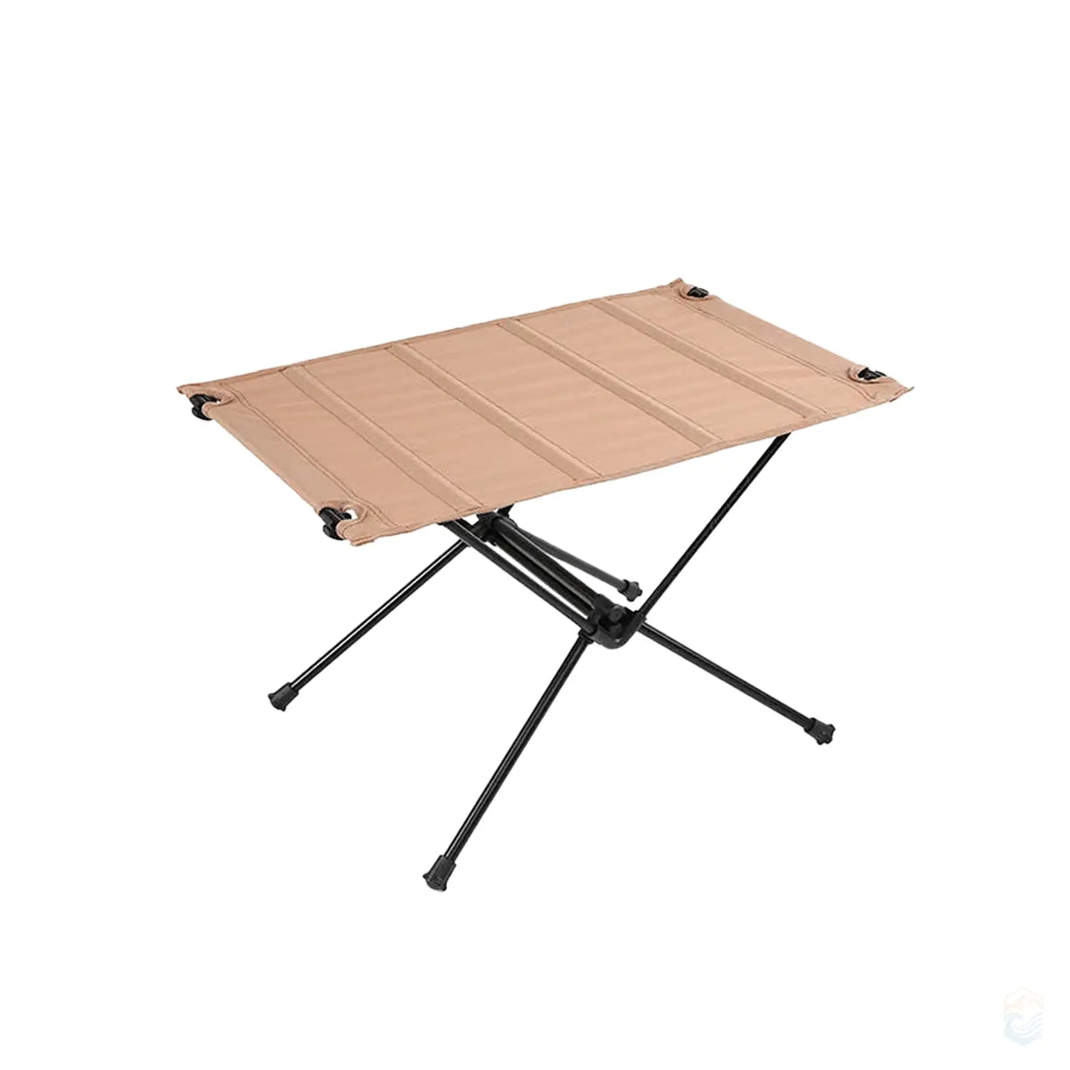 Sand-colored ultralight collapsible camping table with a durable aluminum frame, shown with its matching compact carrying bag, perfect for easy transport and outdoor use.