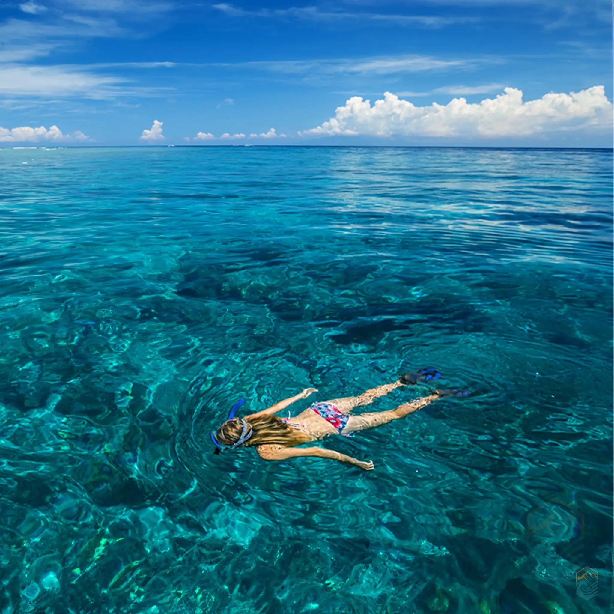 Person snorkeling in clear blue ocean water, wearing blue snorkel fins and mask, showcasing the fins' performance in a natural setting