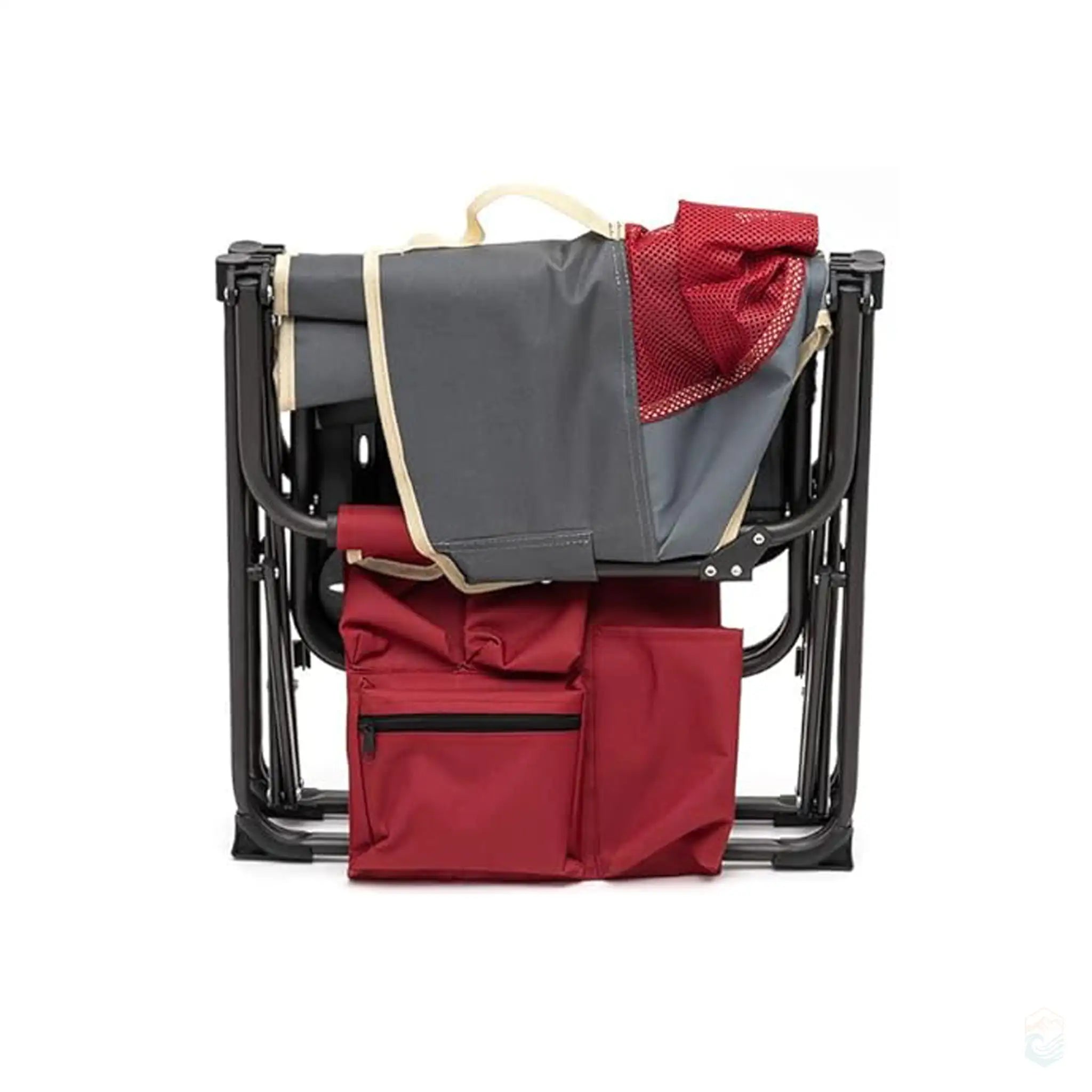 SunnyFeel red and gray camping director's chair folded with visible storage pocket.