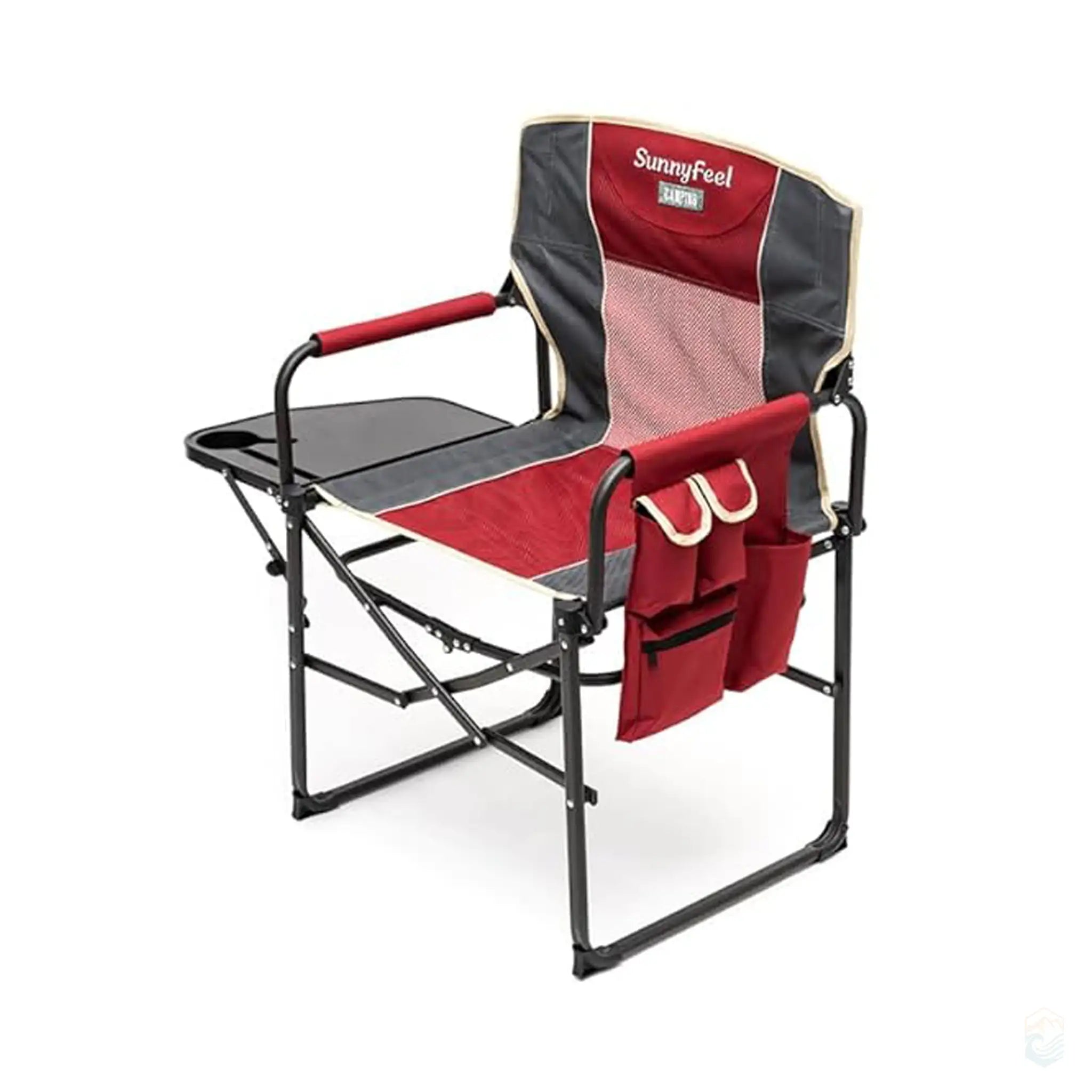 SunnyFeel red and gray camping director's chair with side table and side pocket, side view.