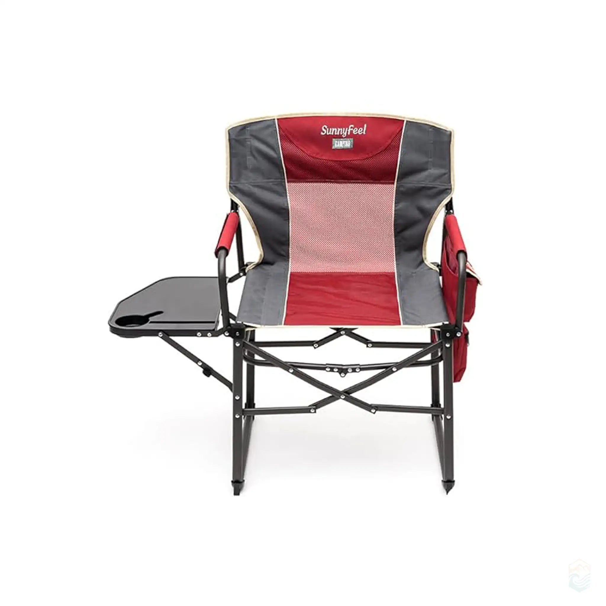 SunnyFeel red and gray folding camping director's chair with side table, front view.