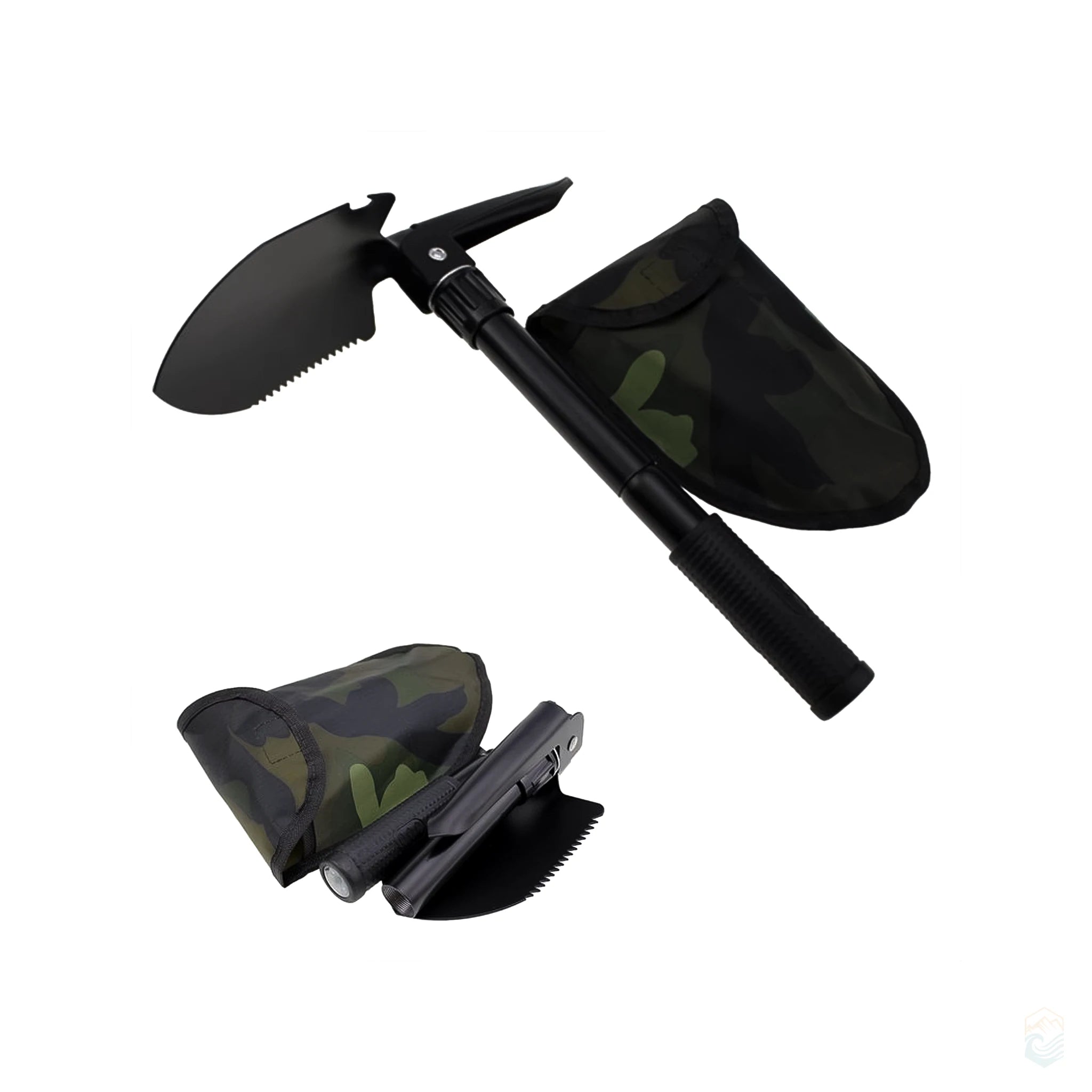 Multifunctional folding camping survival shovel with black serrated spade, pickaxe attachment, and camouflage carrying pouch, shown extended and collapsed for outdoor use