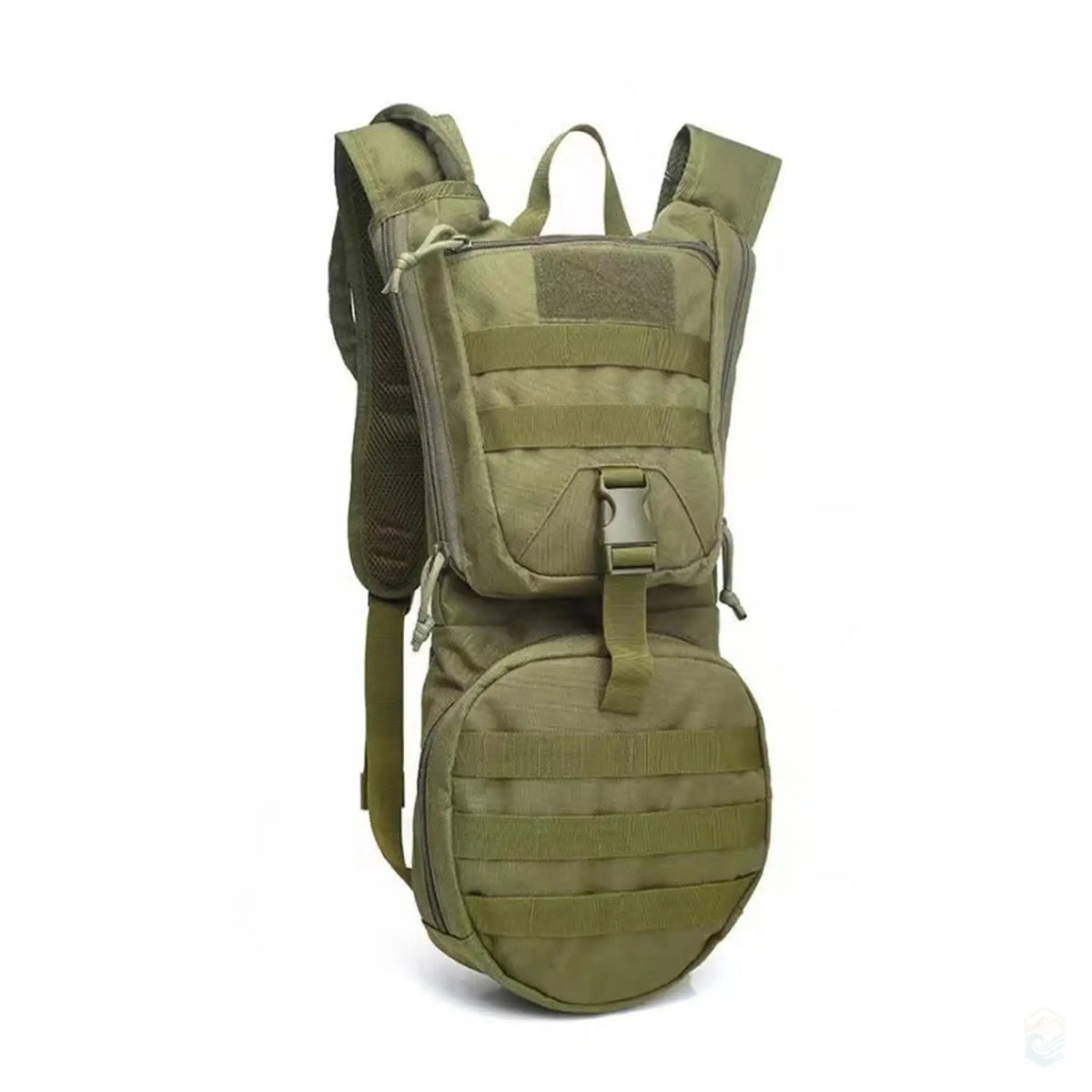 Front view of a Tactical Hydration Pack in army green color, featuring a waterproof nylon design with a 3L reservoir, ideal for hiking and camping.