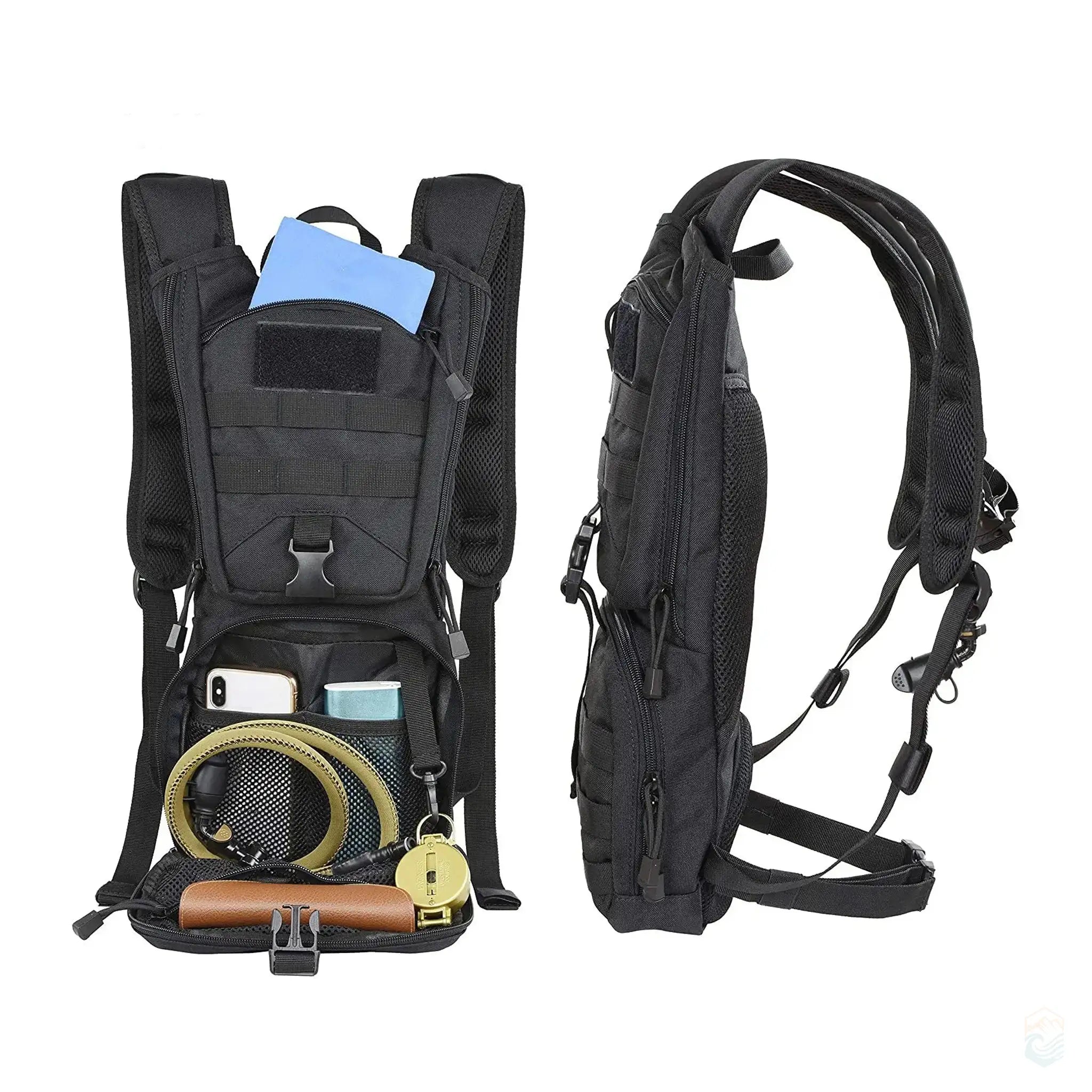 Tactical Hydration Pack in black with the upper and lower pockets demonstrated, showcasing storage capacity for essentials like a phone, keys, and gear.