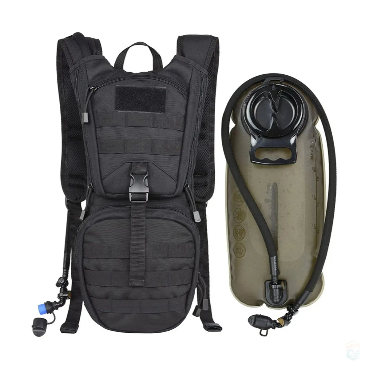 Tactical Hydration Pack in black with a separate view of the 3L reservoir, ideal for hiking and camping. Inner liner not included.