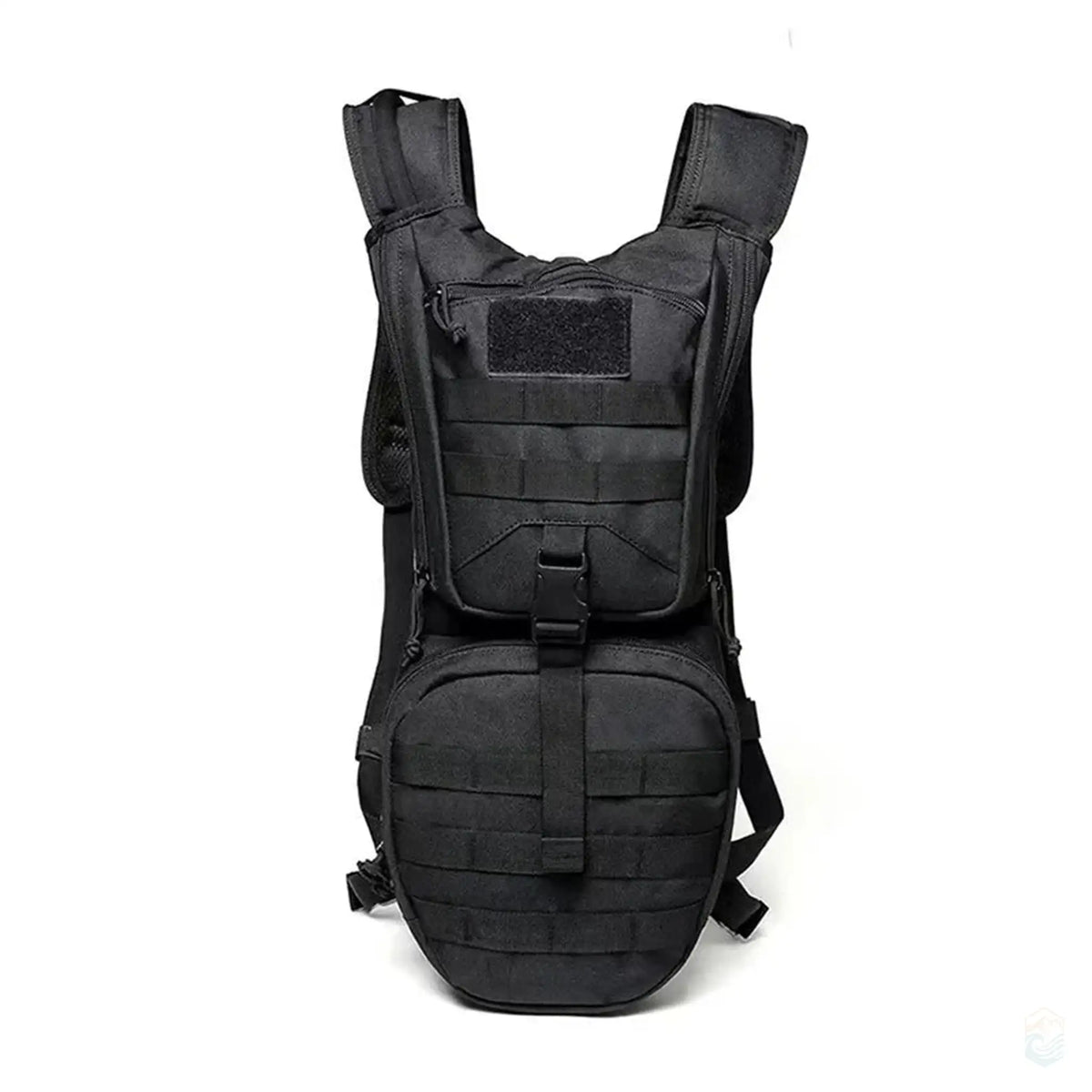 Front view of a Tactical Hydration Pack in black color, featuring a waterproof nylon design with a 3L reservoir, ideal for hiking and camping.