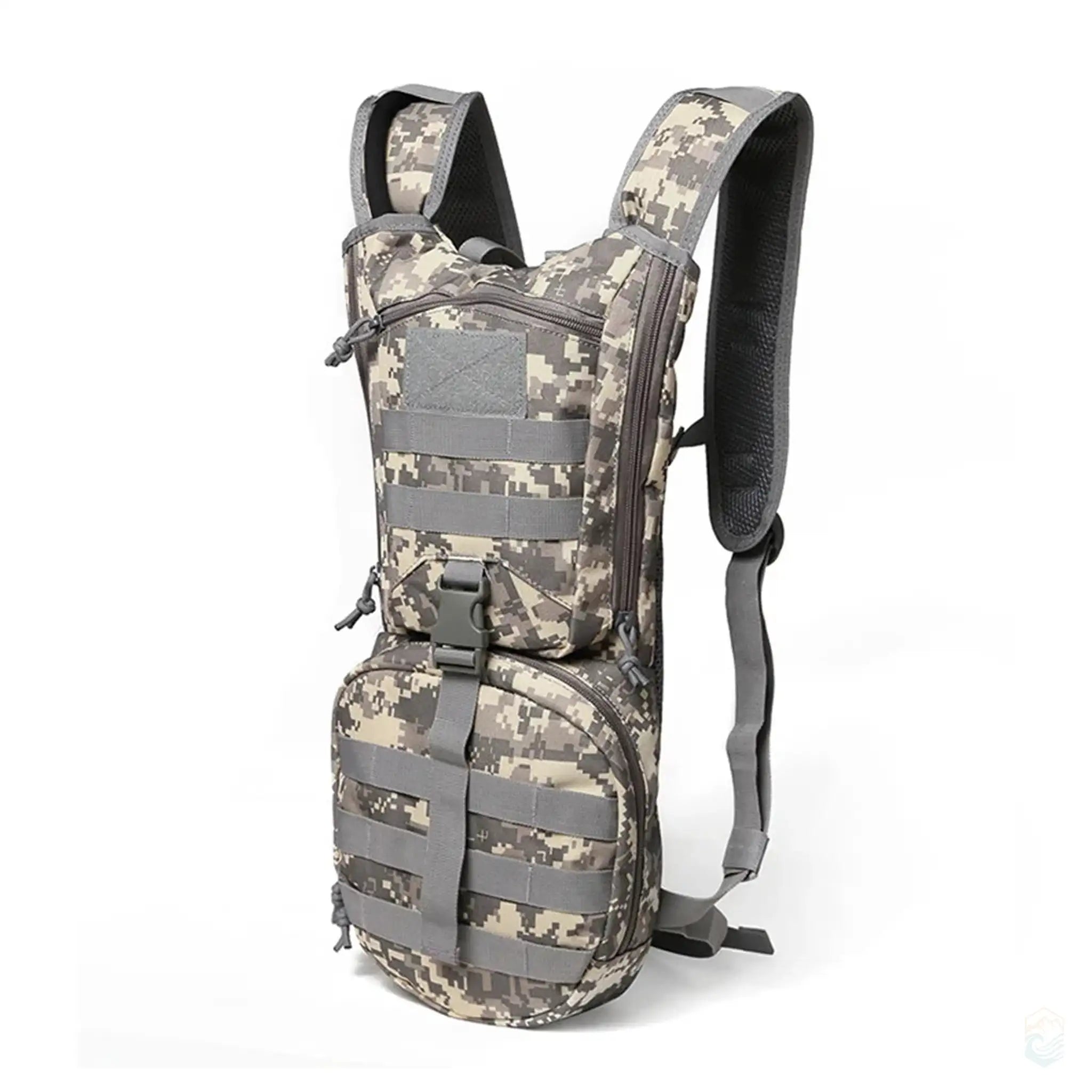 Front view of a Tactical Hydration Pack in digital gray camo color, featuring a waterproof nylon design with a 3L reservoir, ideal for hiking and camping.