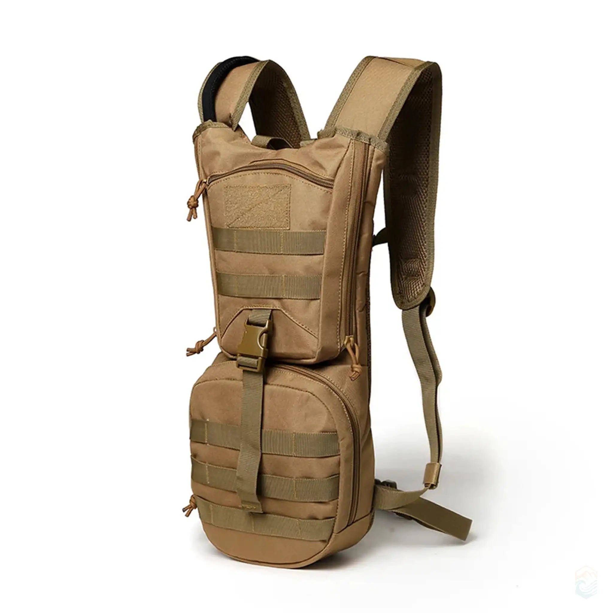 Side view of a Tactical Hydration Pack in sandstone color, featuring a waterproof nylon design with a 3L reservoir, ideal for hiking and camping.