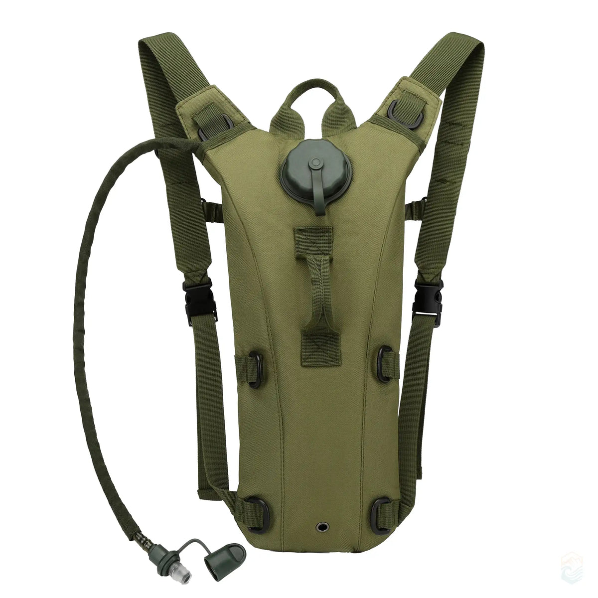 Army green tactical hydration pack with 3L leakproof water bladder, featuring durable shoulder straps and a secure hose attachment.